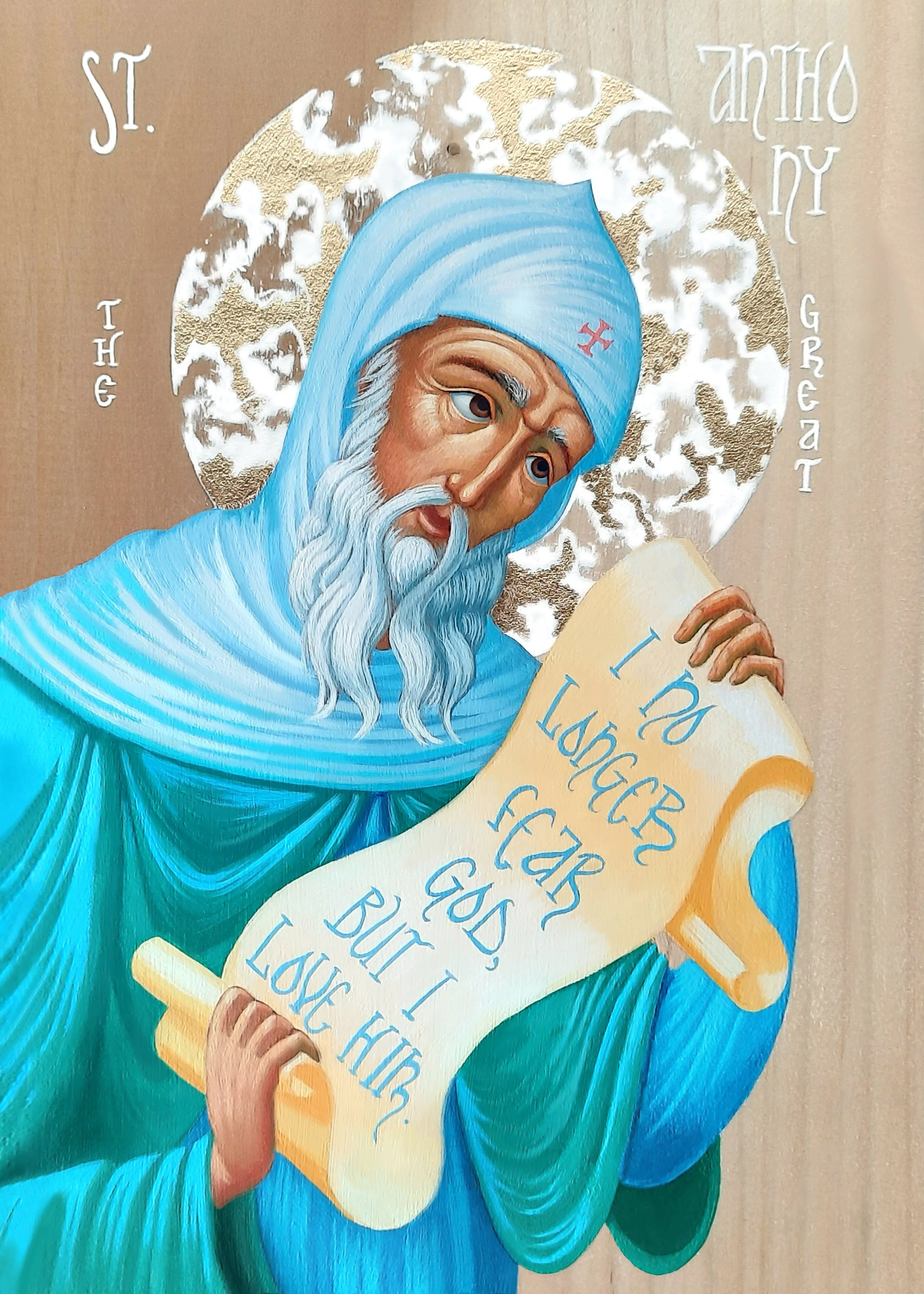Saint Anthony the Great.
8.5 x 5.5 x 0.75 inches (14 x 21.5 x 2cm), acrylic paint and golden metal leaf on wood panel, 2023. Privately commissioned icon.