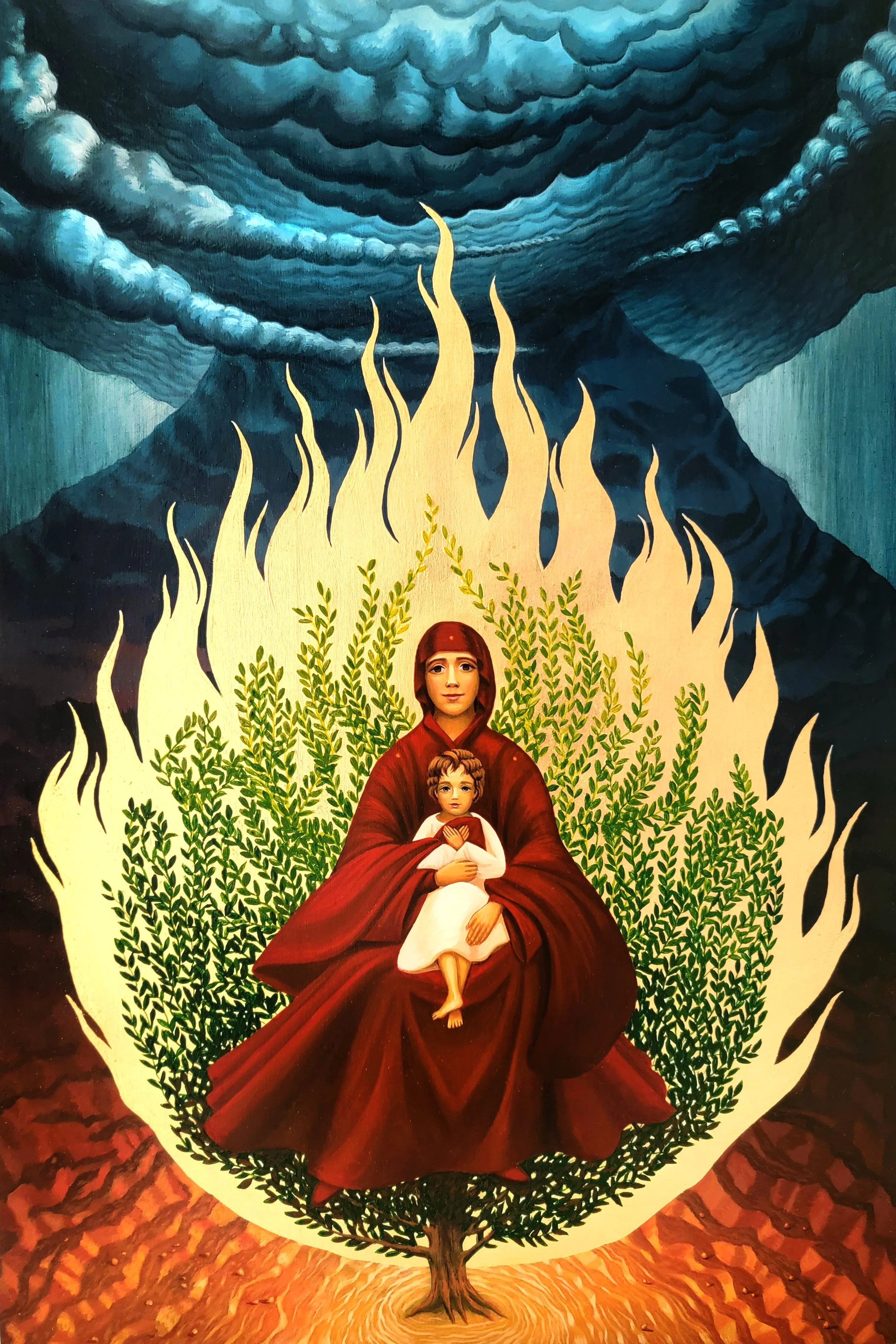 A neoclassical icon depicting Mother Mary in a red cloak holding the Christ child, sitting in the center of a large green bush. Surrounding them are flames that never burn them. Above, dark swirling clouds and a looming storm cloud fill the sky.