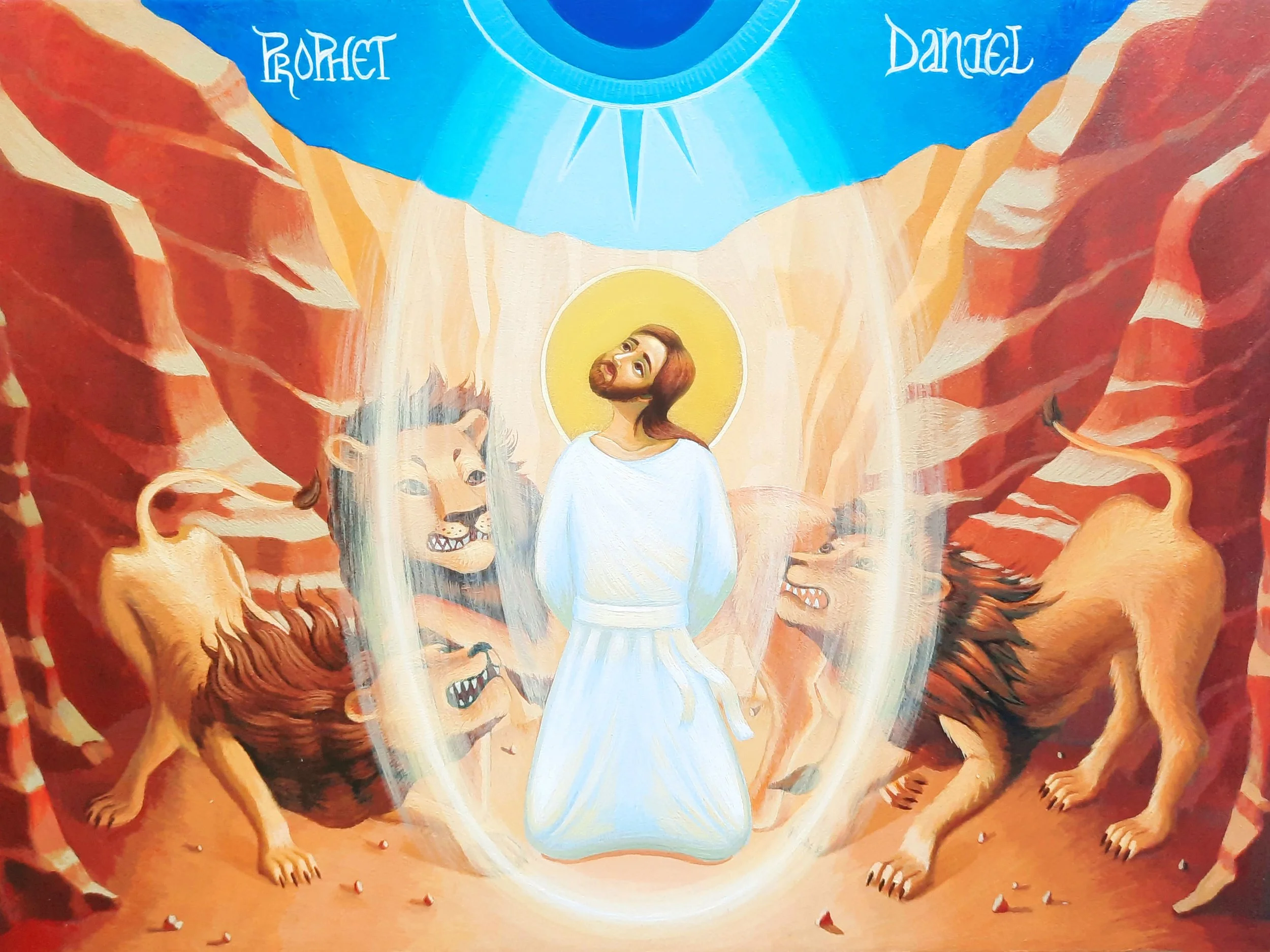 The Prophet Daniel in the Lions' Den.
8 x 11.25 x 0.75 inches, acrylic paint and 23 carat gold leaf on a wooden panel, 2025. Privately commissioned icon.
