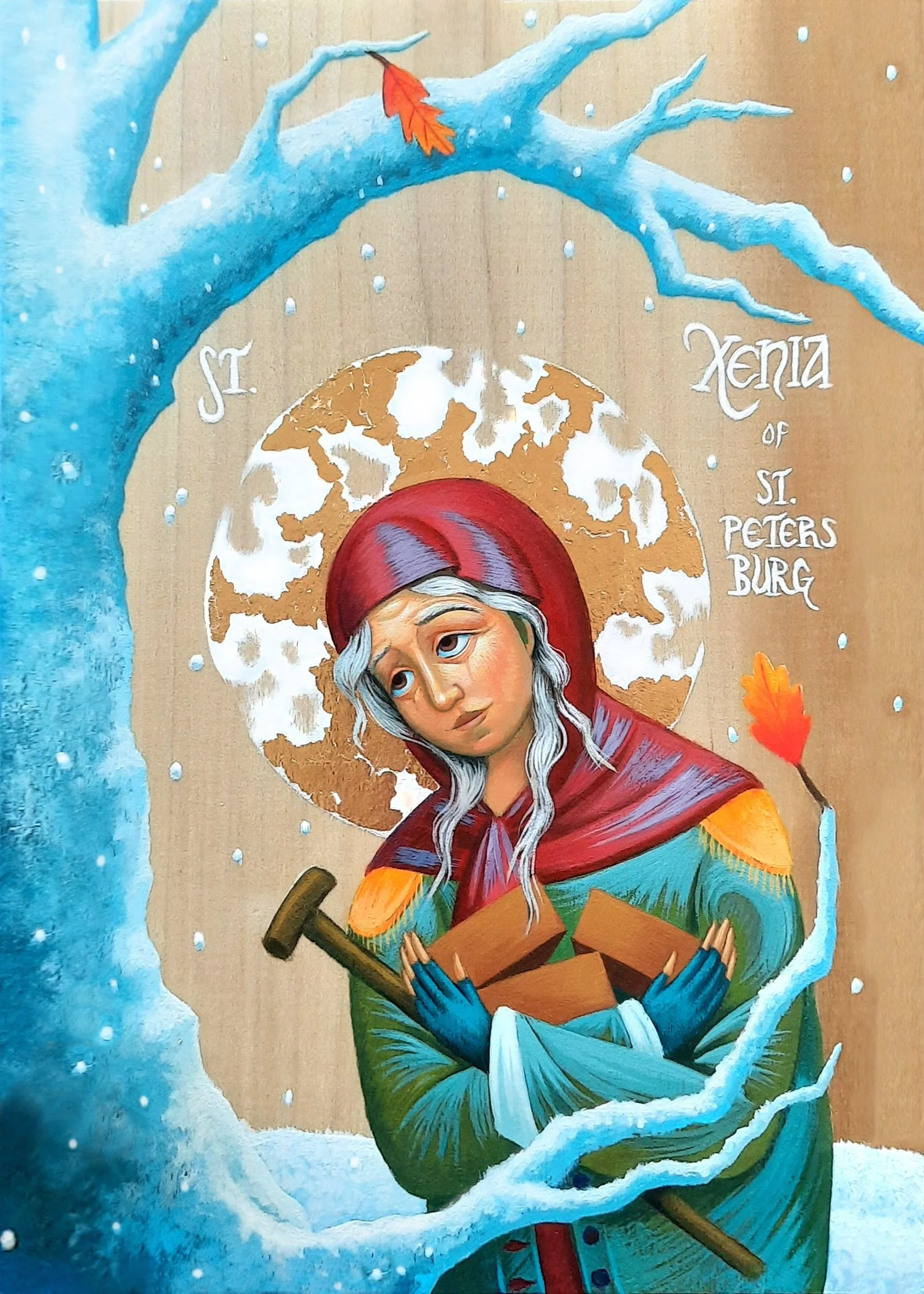Saint Xenia of St. Petersburg.
8.5 x 5.5 x 0.75 inches (14 x 21.5 x 2cm), acrylic paint and golden metal leaf on wood panel, 2023. Privately commissioned icon.