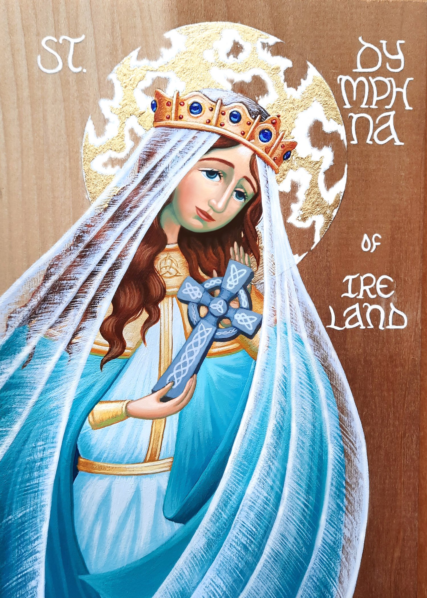 St. Dymphna of Ireland. 5.5 x 8.5 x 0.75 inches, acrylic paint and 23 carat gold leaf on wood panel, 2024. Available.