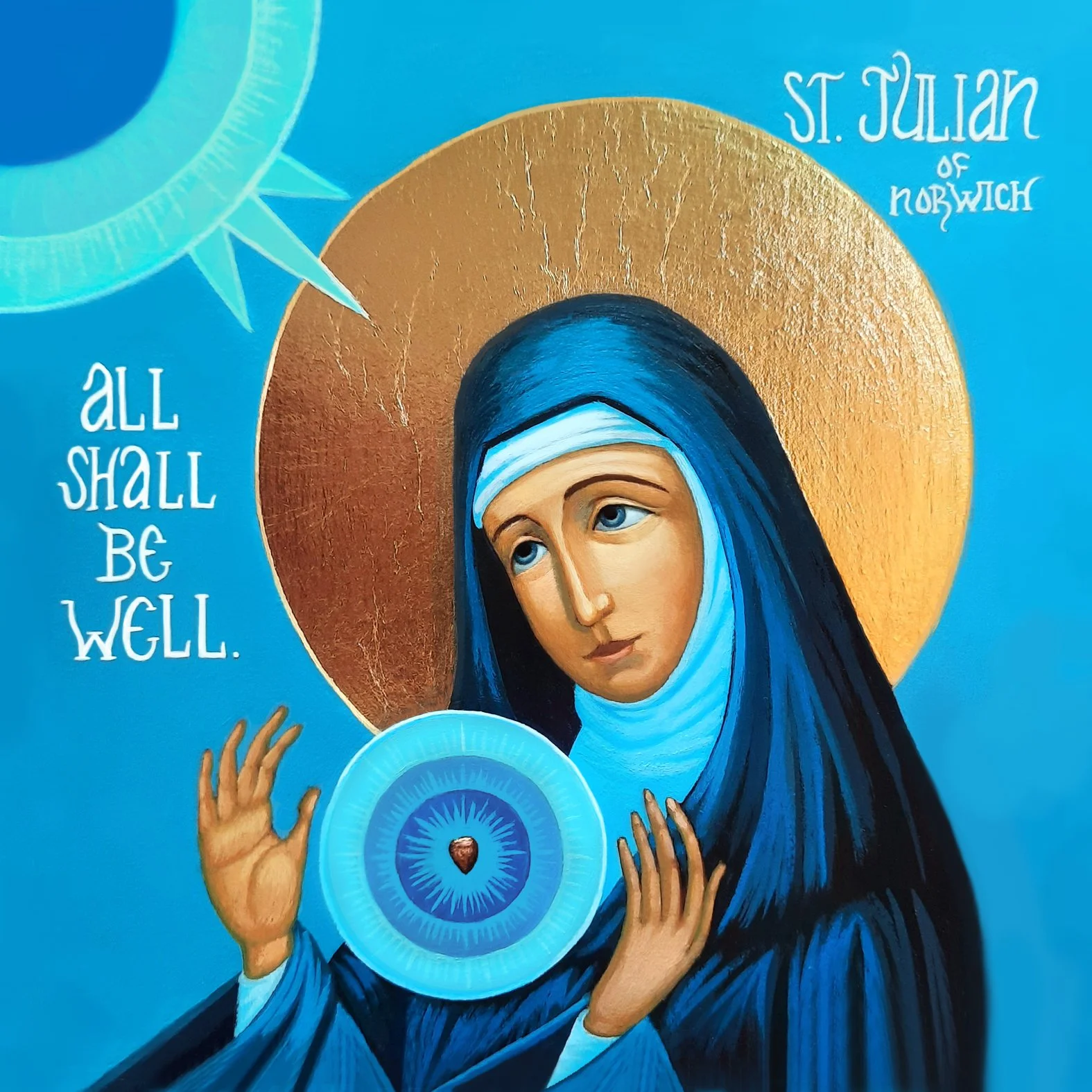 Saint Julian of Norwich and the Hazelnut.
5.5 x 5.5 x 0.75 inches (14 x 14 x 2cm), acrylic paint and golden metal leaf on wood panel, 2023. Privately commissioned icon.