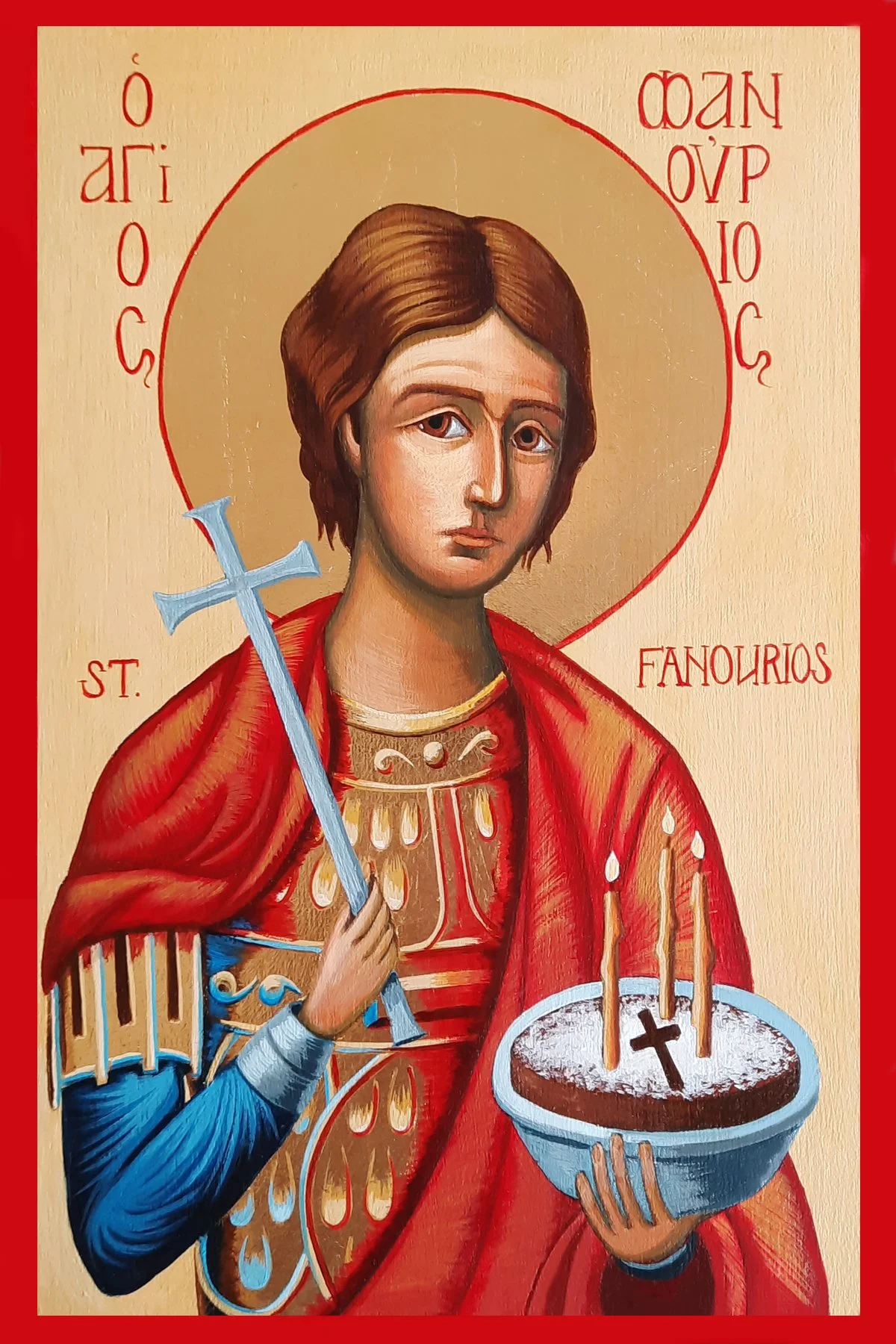 Saint Fanourios.
5.5 x 8 x 0.75 inches (14 x 20 x 2cm), acrylic and golden metal leaf on wood panel, 2022. Privately commissioned icon.

