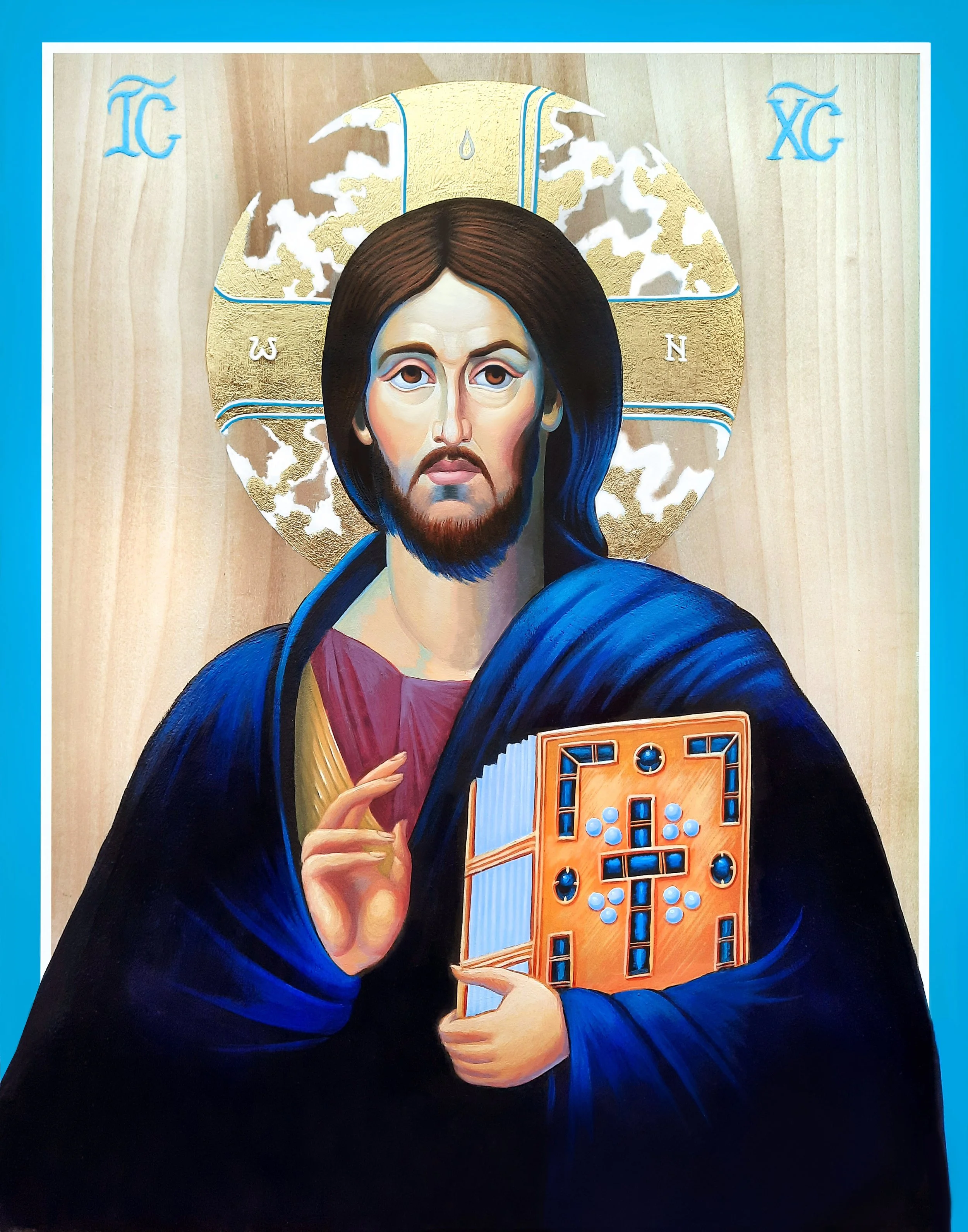 A painting of Jesus Christ holding a bingo card with numbers and a call button. Behind him is a gold halo and map of the world. The background is wood and the image is framed with a blue border.