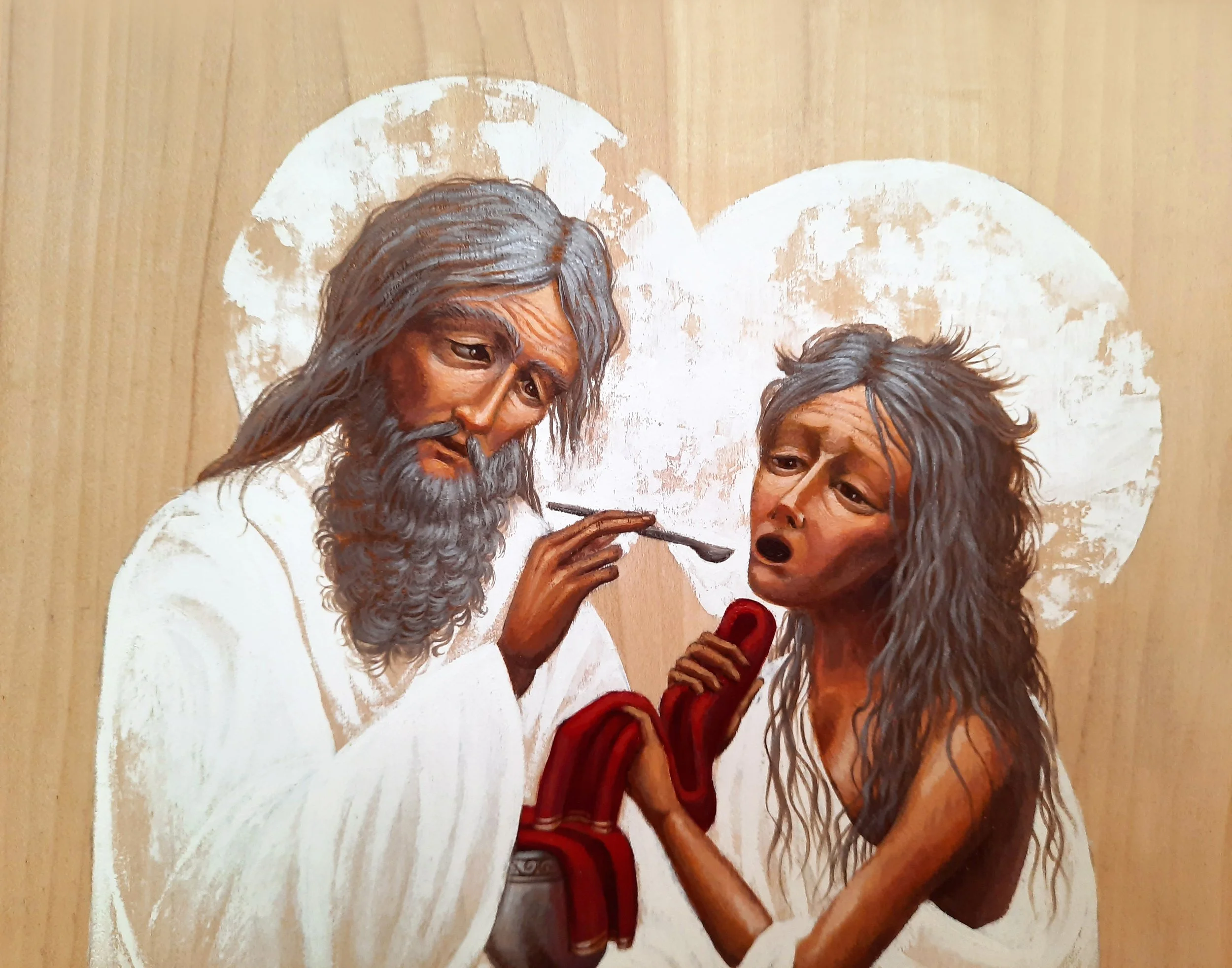 Modern styled icon that depicts Elder Zosimas giving holy communion to St. Mary of Egypt.