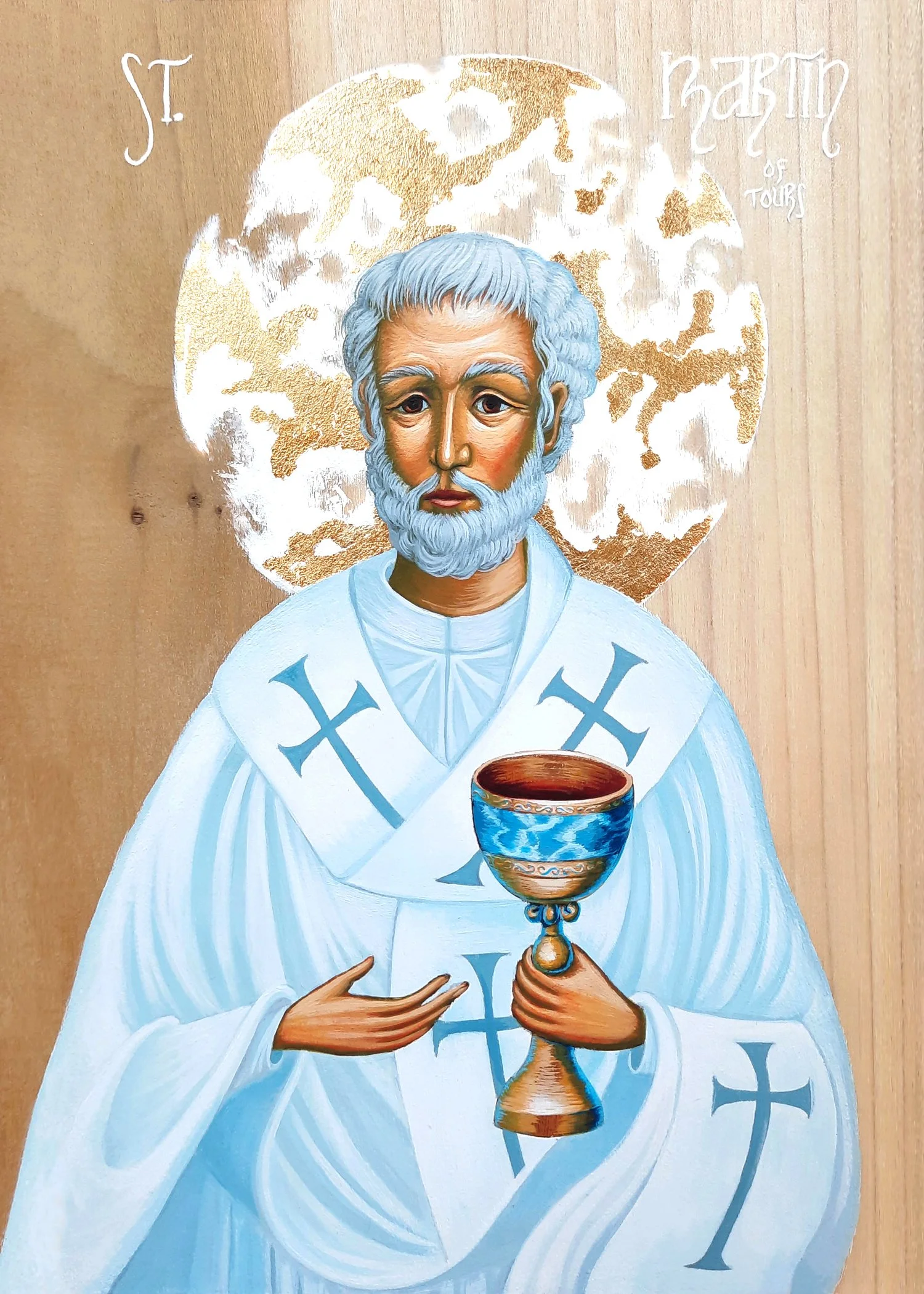 Saint Martin of Tours.
8.5 x 5.5 x 0.75 inches (14 x 21.5 x 2cm), acrylic paint and golden metal leaf on wood panel, 2022. Privately commissioned icon.