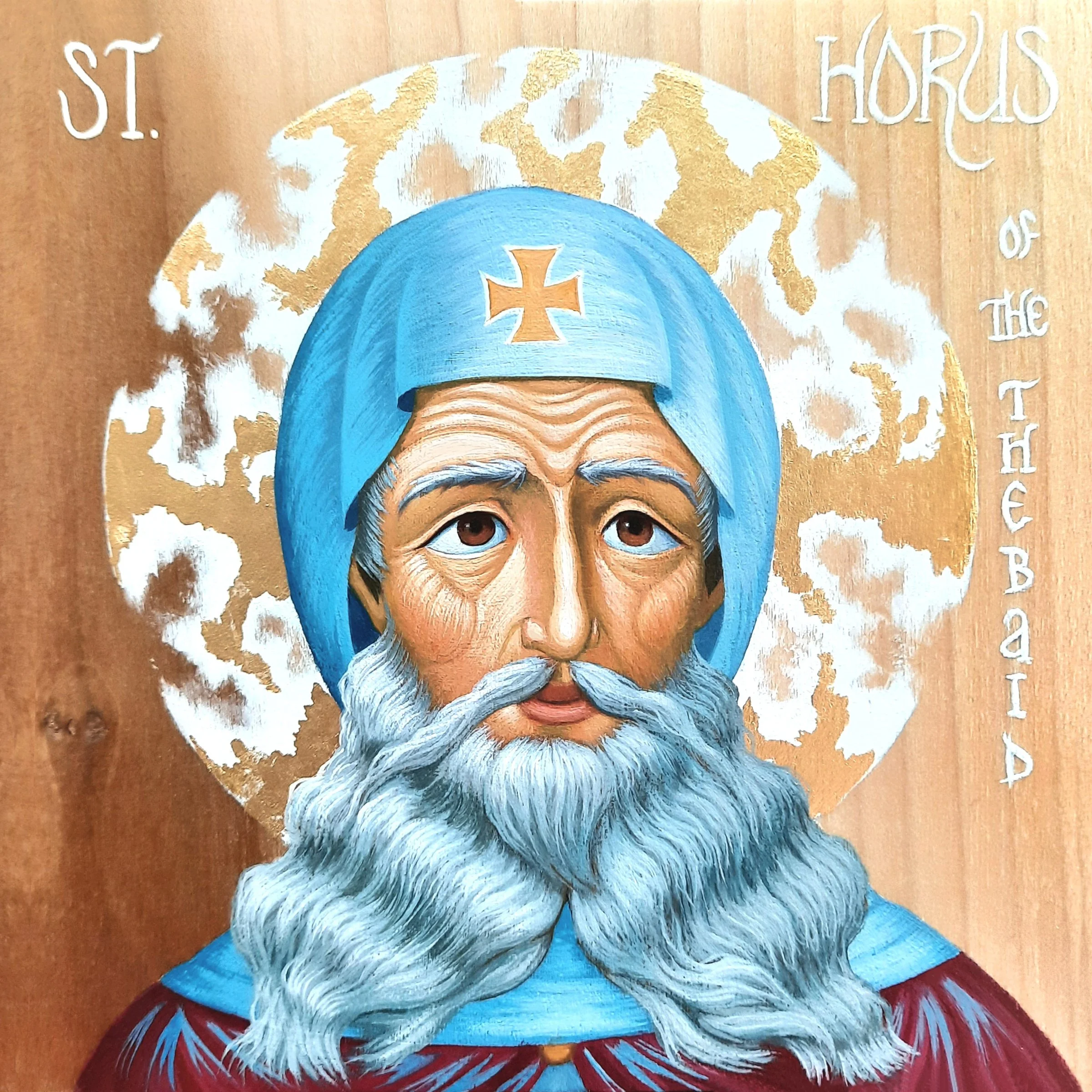 St. Horus of the Thebaid.
5.5 x 5.5 x 0.75 inches, acrylic paint and gold leaf on wood panel, 2023. Privately commissioned icon.