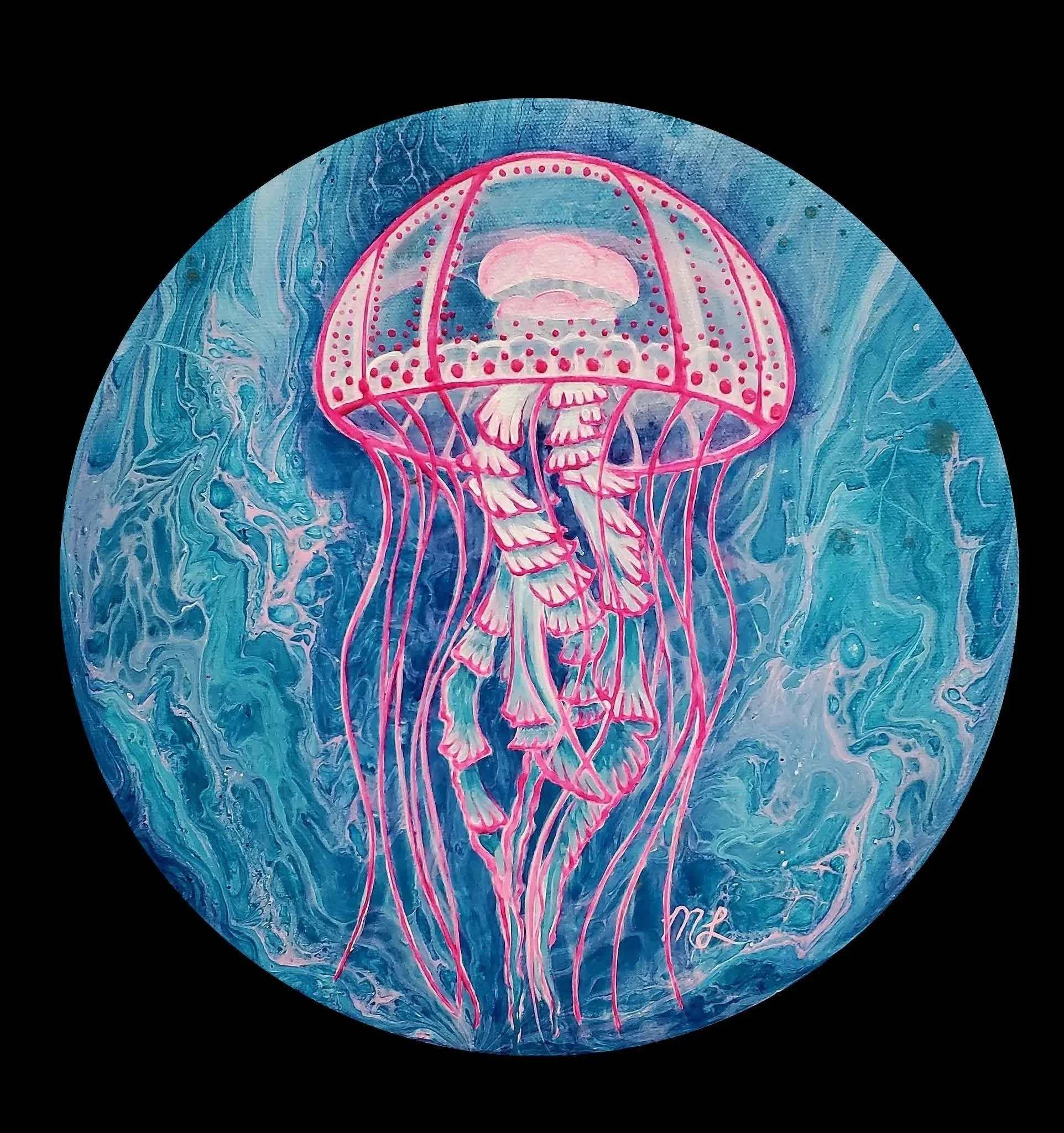 "Jelly World" - Acrylic Painting Over Pour - ORIGINAL FOR SALE (on circle canvas, ORIGINAL GLOWS
 IN THE DARK!)  12" in diameter $80 - Prints for Sale  8" X 8"  $20,   12' X 12"  $40 (Prints come with black or white background)