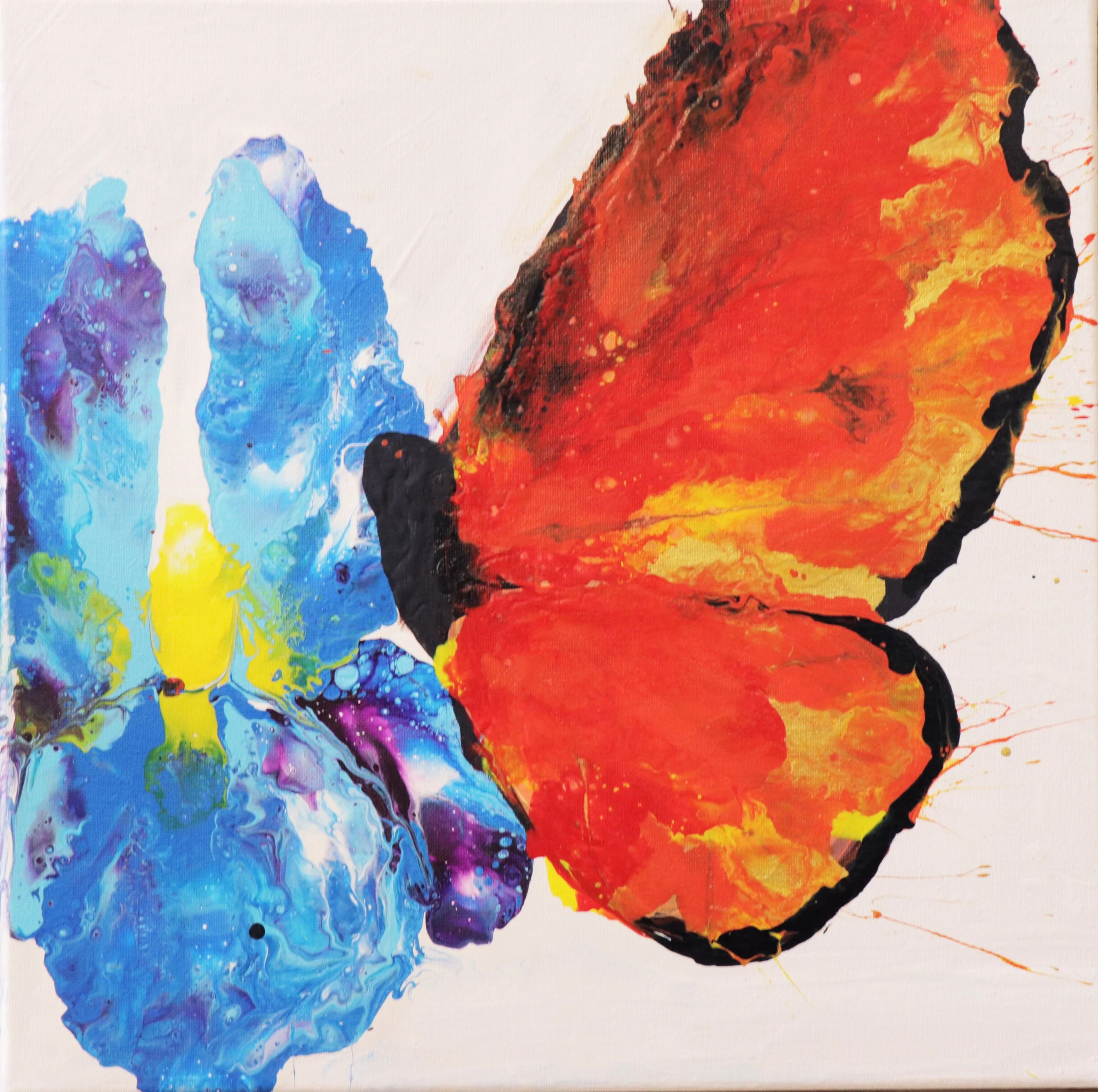 "Monarch and Iris" - Acrylic Paint Pour - ORIGINAL FOR SALE  14" X 14" $80 - Prints for Sale  8" X 8"  $20,   12' X 12"  $40