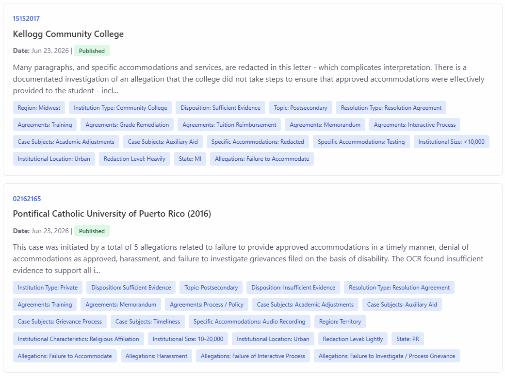 Screenshot from the Atlas of Access - shows two cases, each marked with their case number and title, and each providing a detailed summary. Below the summary are a number of filterable tags, such as region, case subject, and specific accommodations