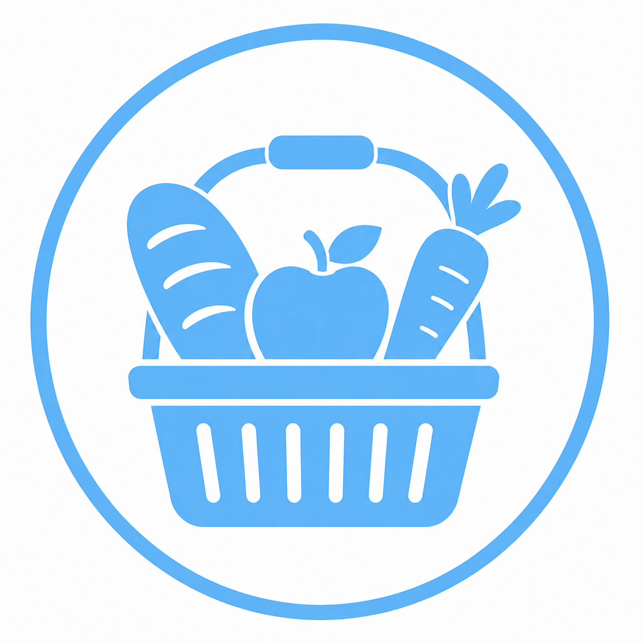 Blue icon of a shopping basket filled with vegetables including a loaf of bread, an apple, and carrots.