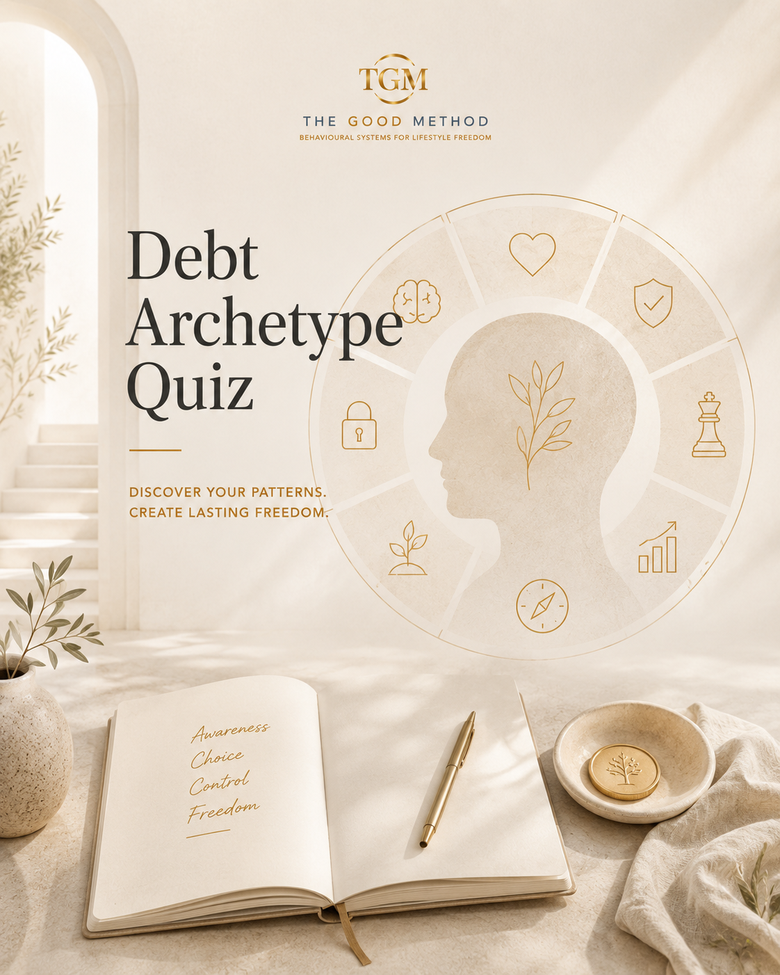 Cover image for a debt archetype quiz, featuring a beige background with a silhouette of a human head and a schematic circle with icons representing love, mental health, security, growth, and decision-making, along with a notebook, a pen, a plant, and a dish with a coin on a beige table.