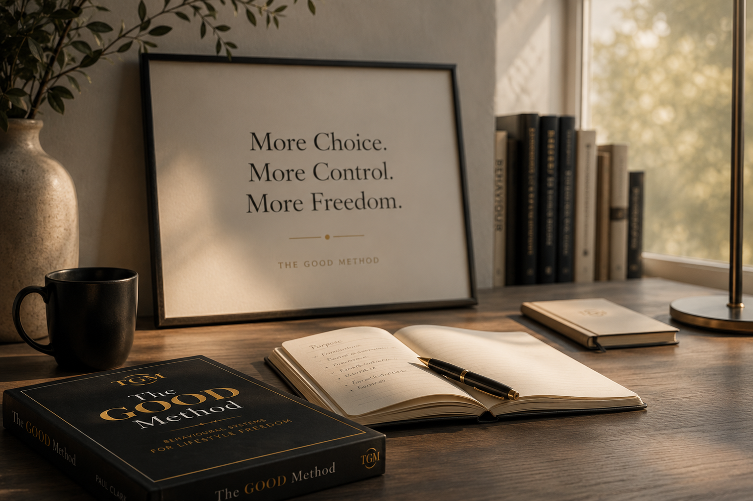 A desk with a framed quote reading 'More Choice. More Control. More Freedom.' The quote is titled 'The Good Method'. On the desk are an open notebook with a pen, a closed notebook, a book titled 'The Good Method', a black coffee mug, and a vase with green foliage. In the background, next to a window with trees outside, is a row of books.