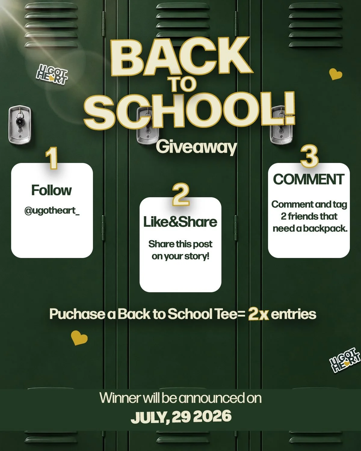 🎒✨ BACK-TO-SCHOOL GIVEAWAY ✨🎒

At U GOT HEART, we believe every student deserves to start the school year with confidence.

We&rsquo;re giving ONE student a Nike backpack filled with school supplies to help them kick off the year strong! ❤️💚

How 