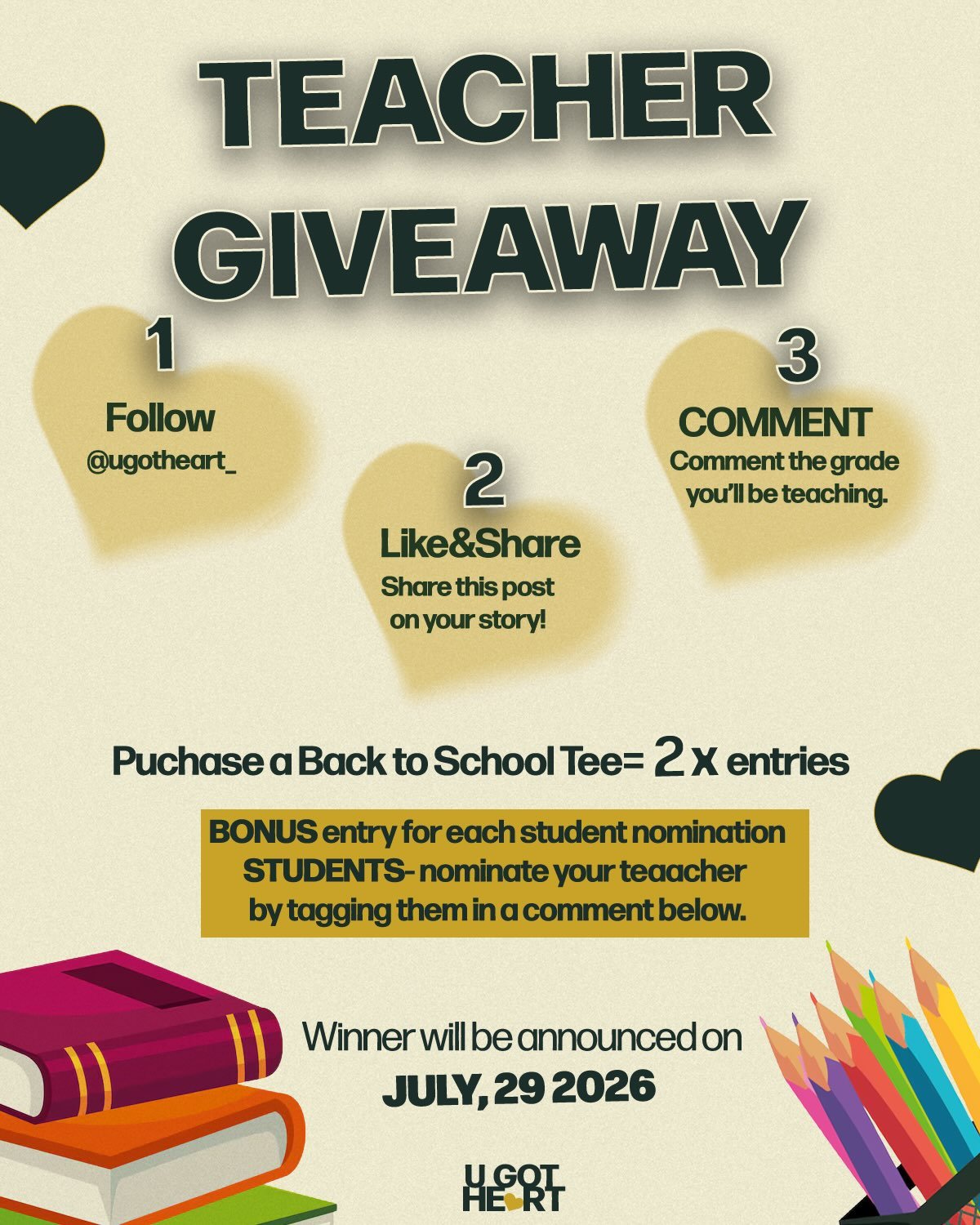 🍎❤️ TEACHER GIVEAWAY ❤️🍎

Teachers give their heart to their students every single day&mdash;now it&rsquo;s our turn to give back.

U GOT HEART is giving ONE amazing teacher a special back-to-school prize to help them start the school year off righ