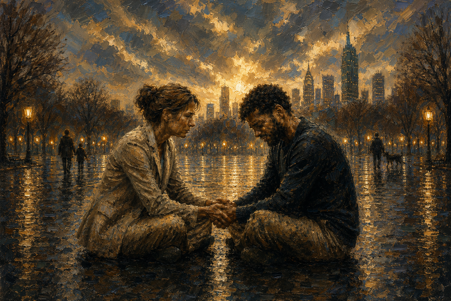 A painting of a couple kneeling on a wet city street at sunset, holding hands and looking at each other, with the skyline in the background and trees lining the street.
