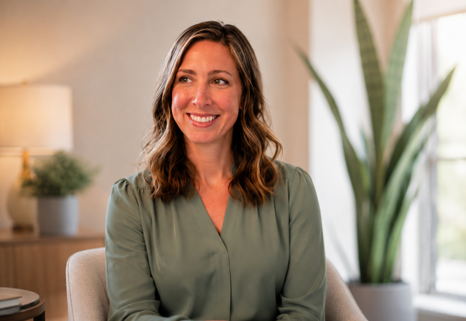 An empathetic female therapist listening to clients