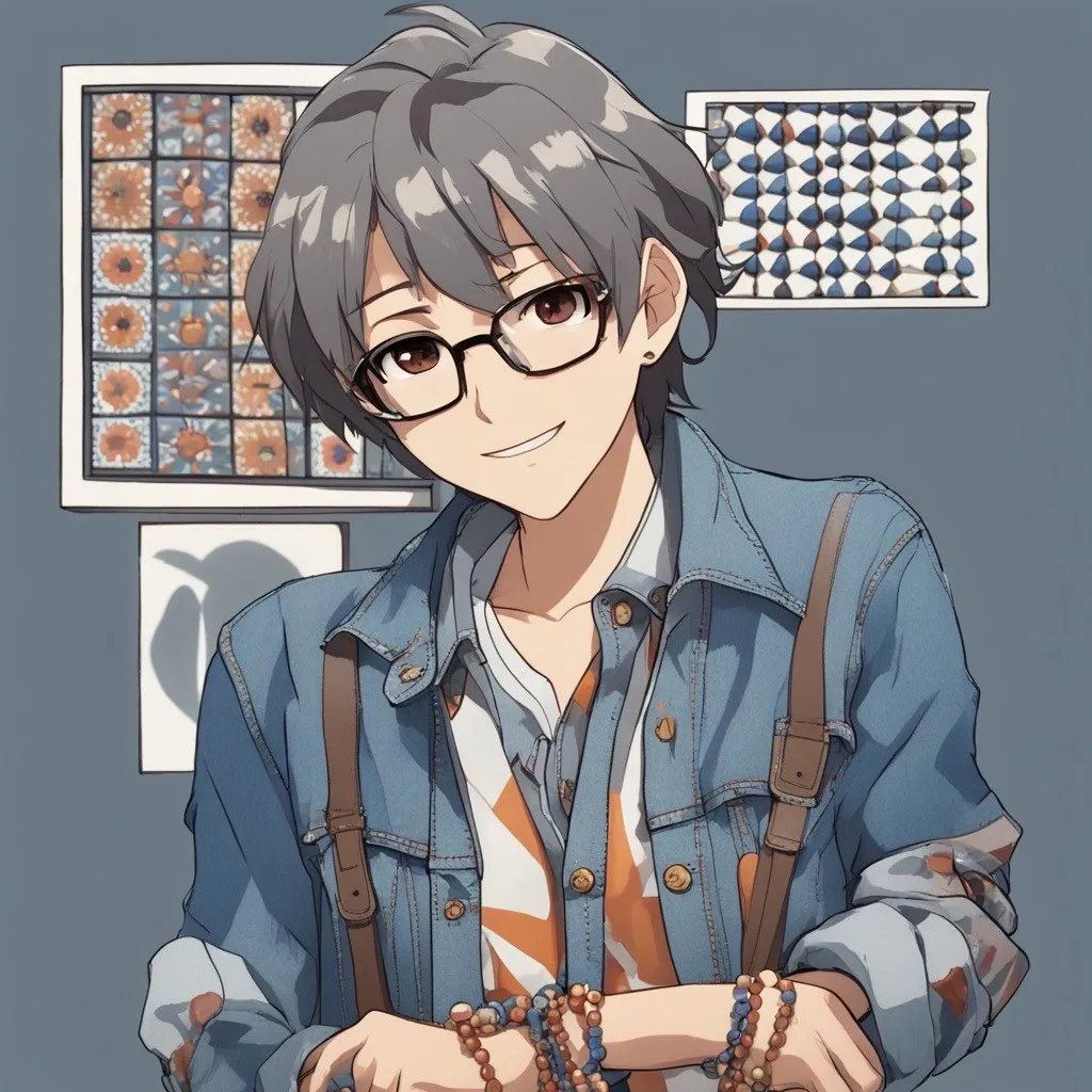 Drawing of a smiling young man with gray hair and glasses, wearing a denim jacket and striped shirt, standing in front of colorful flower and geometric pattern artwork.
