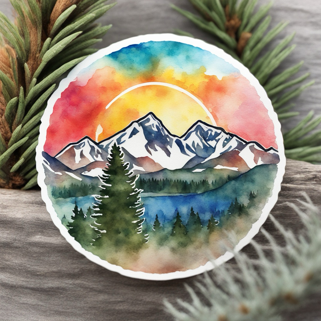 Watercolor sticker of mountain landscape with snow-capped peaks, green trees, and a colorful sunset sky.