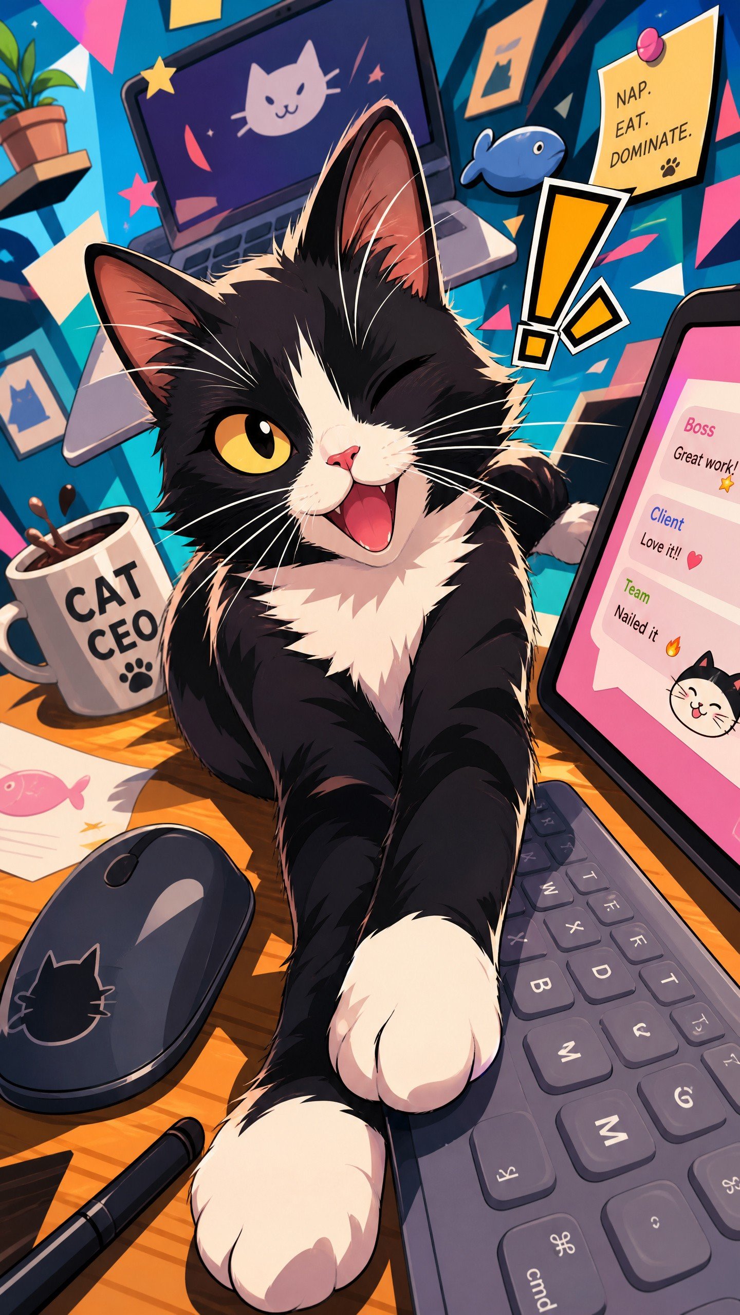A digital illustration of a black and white kitten smiling and lying on a cluttered desk surrounded by laptops, a mouse, a pen, and various office supplies. The kitten is winking and has a playful expression.