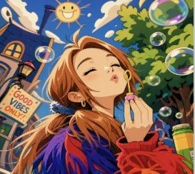 A woman with brown hair blows bubbles outdoors near a “Good Vibes Only” sign, with a cartoon sun and tree in the background.
