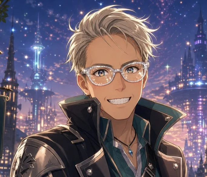 Anime-style character with blond hair, glasses, and a confident smile, set against a futuristic cityscape with tall buildings and glowing lights at sunset.