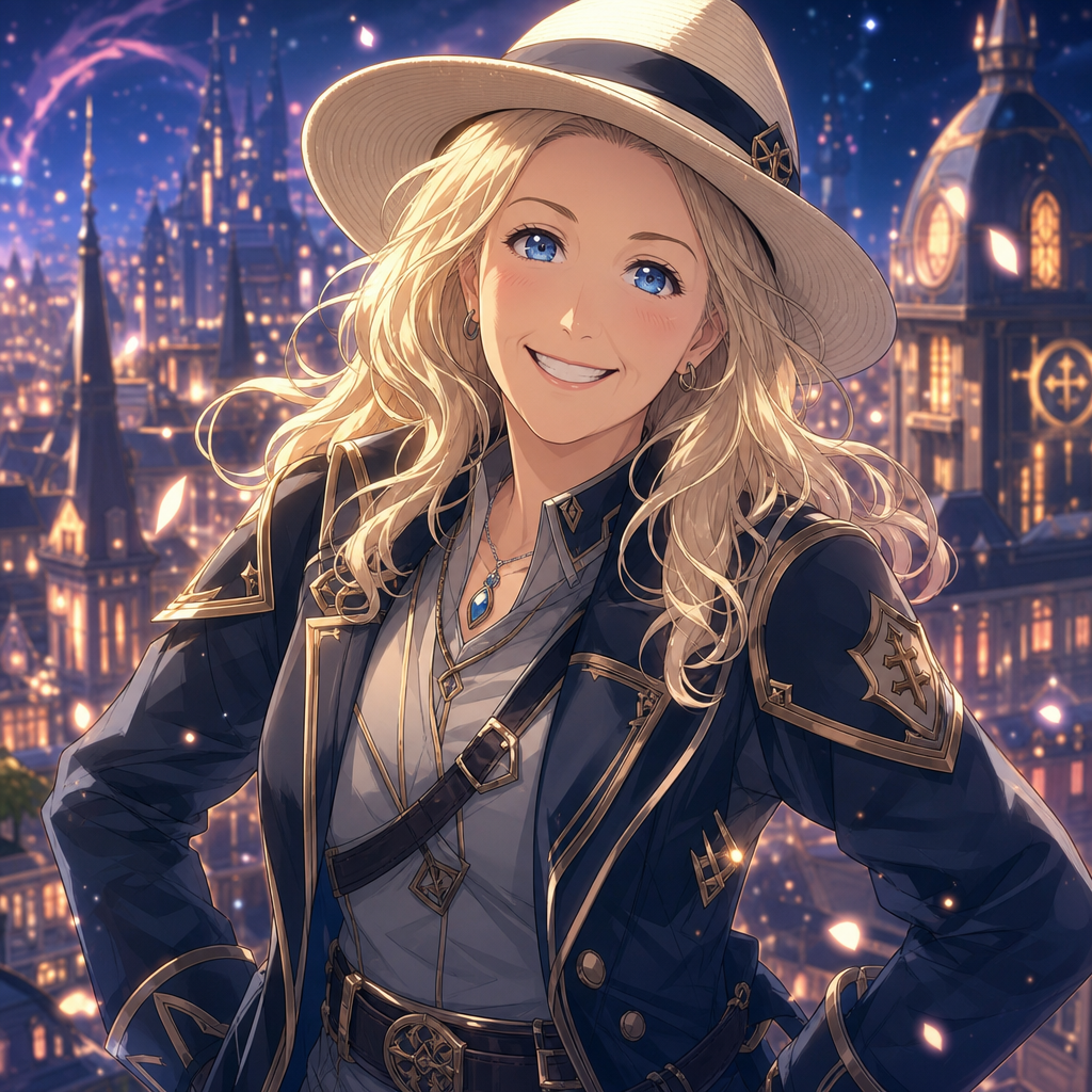 Anime-style illustration of a smiling woman with blonde, curly hair wearing a wide-brimmed hat, a dark jacket with gold accents, and a necklace with a blue gemstone, standing in front of a cityscape at night with fireworks.