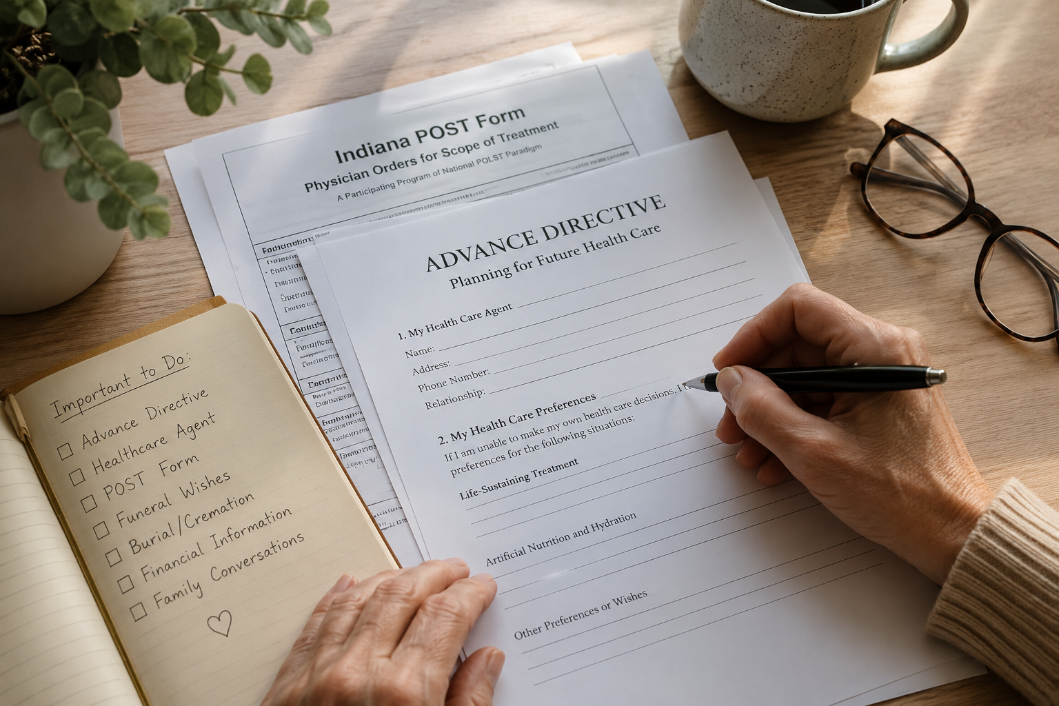 Person filling out a planning form for future healthcare on a wooden desk with glasses, a coffee mug, a potted plant, and a notepad with to-do list.