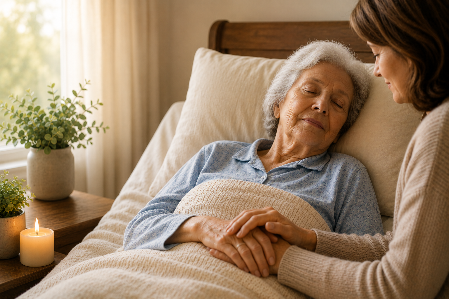 Older Woman Lying In Bed Comforted By Loved One