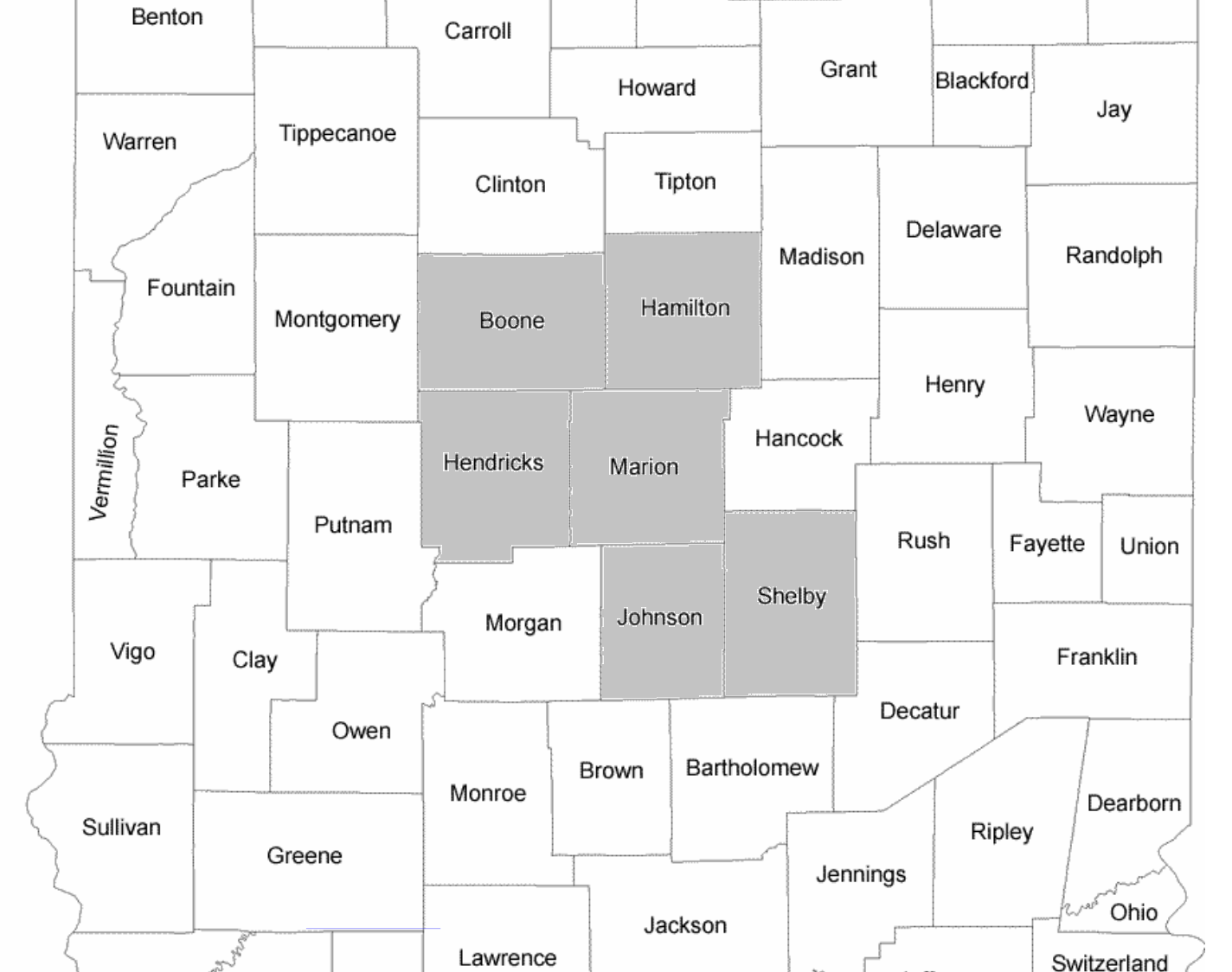Map of counties in a U.S. Indiana with service area counties shaded darker - Boone, Hamilton, Marion, Hendricks, Johnson, and Shelby.