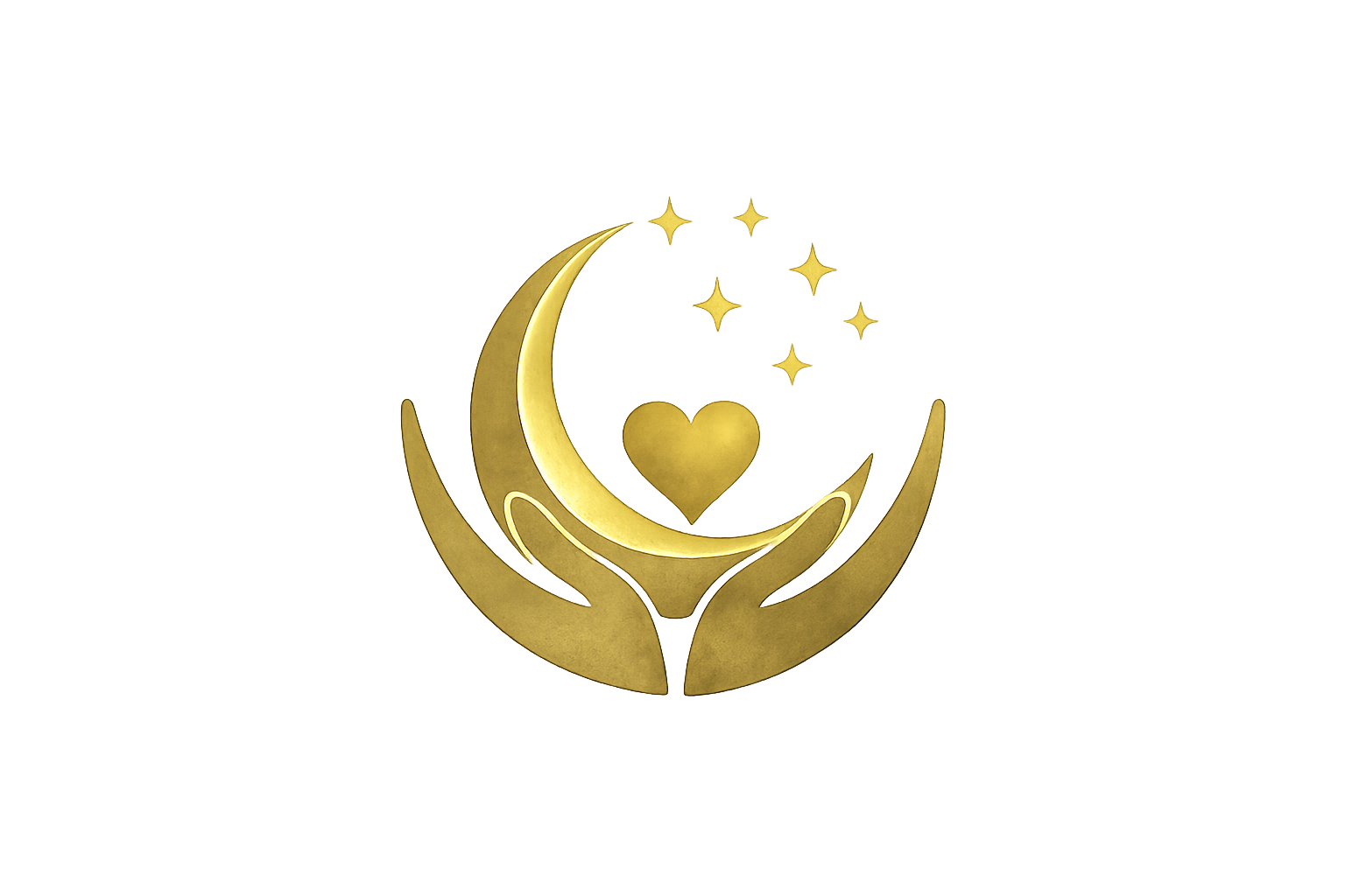 Gold-colored illustration of hands holding a crescent moon, surrounded by stars and a heart, on a soft gradient background.