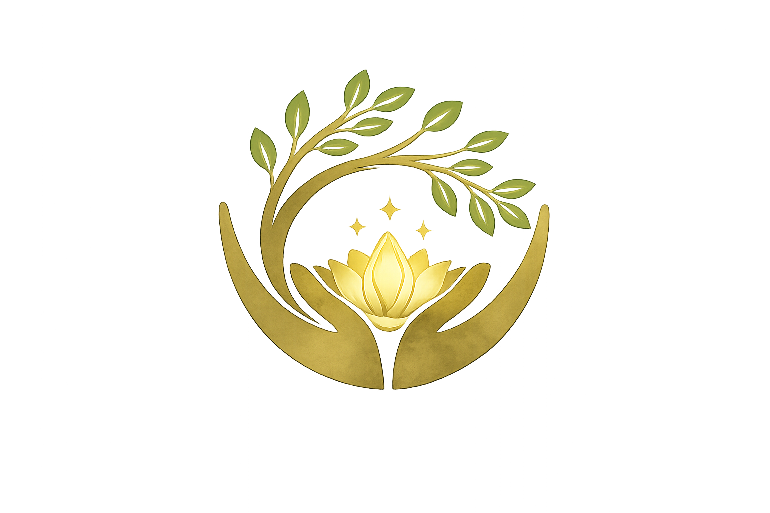 A glowing lotus flower surrounded by hands, with a branch of leaves above, set against a gold background with sparkles.