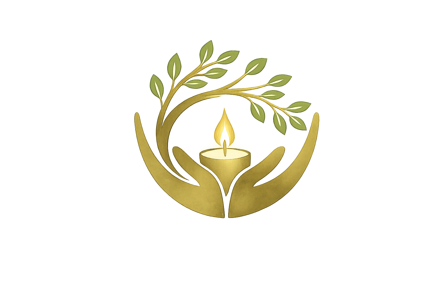 Gold hands forming a circle holding a lit candle with a flame, surrounded by green leaves and a soft glow