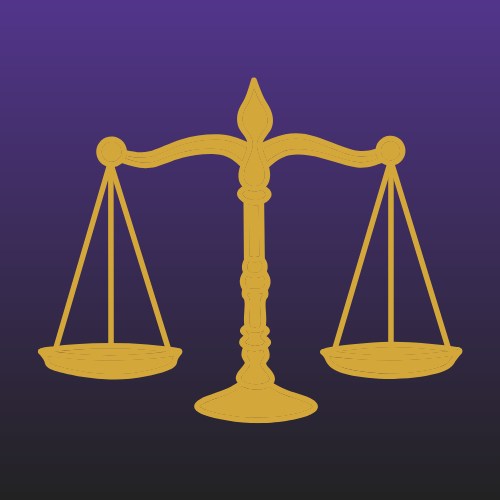 Gold scales of justice on a purple gradient background.