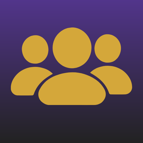 Icon of four stylized people representing a group or community against a purple background.