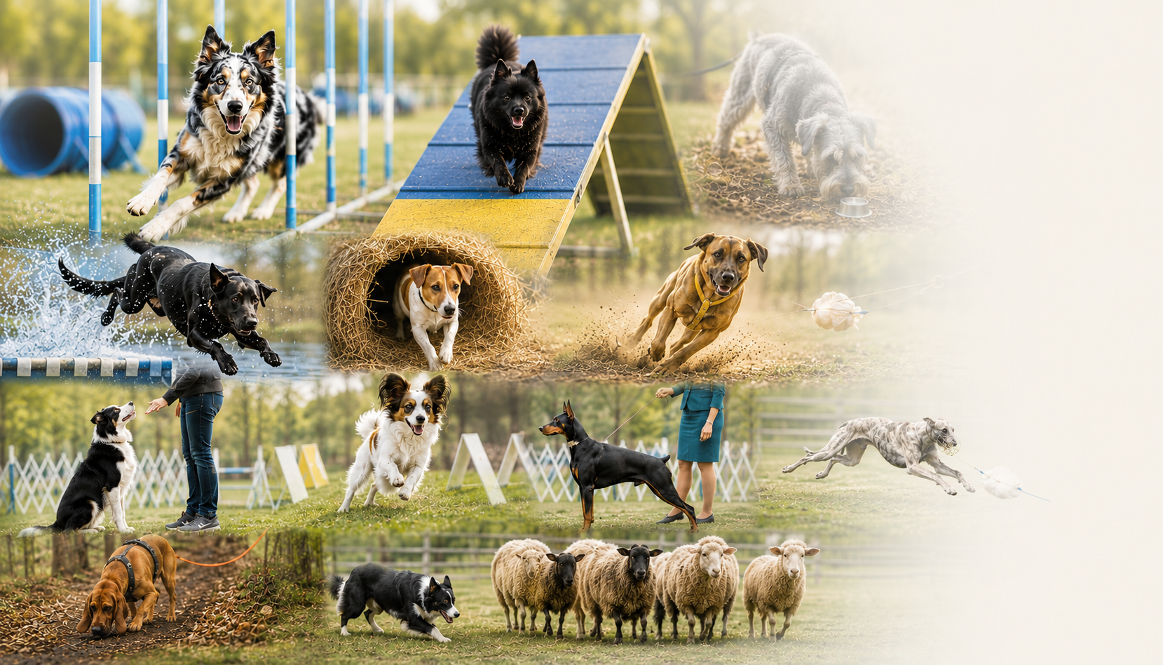 Collage of dogs participating in agility, scent work, Fast CAT, obedience, rally, herding, dock diving, and other dog sports at Tailwaggers Learning Center in South Florida.