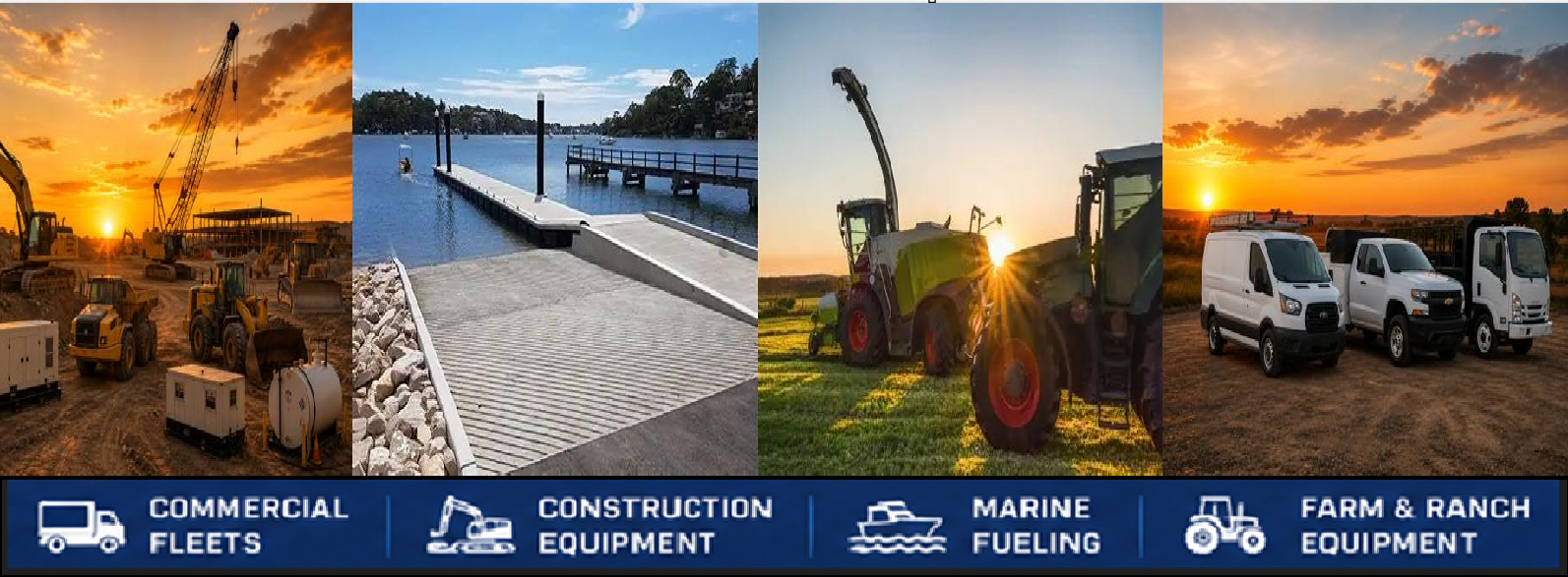 A collage of four images showing various equipment related to commercial fleets, construction, marine fueling, and farm & ranch equipment. The first image displays construction machinery at a construction site during sunset, the second shows a marina with a dock and boats, the third features farm tractors and machinery at sunset, and the fourth exhibits delivery trucks at a farm or ranch during sunset. A banner below highlights categories for commercial fleets, construction equipment, marine fueling, and farm & ranch equipment.