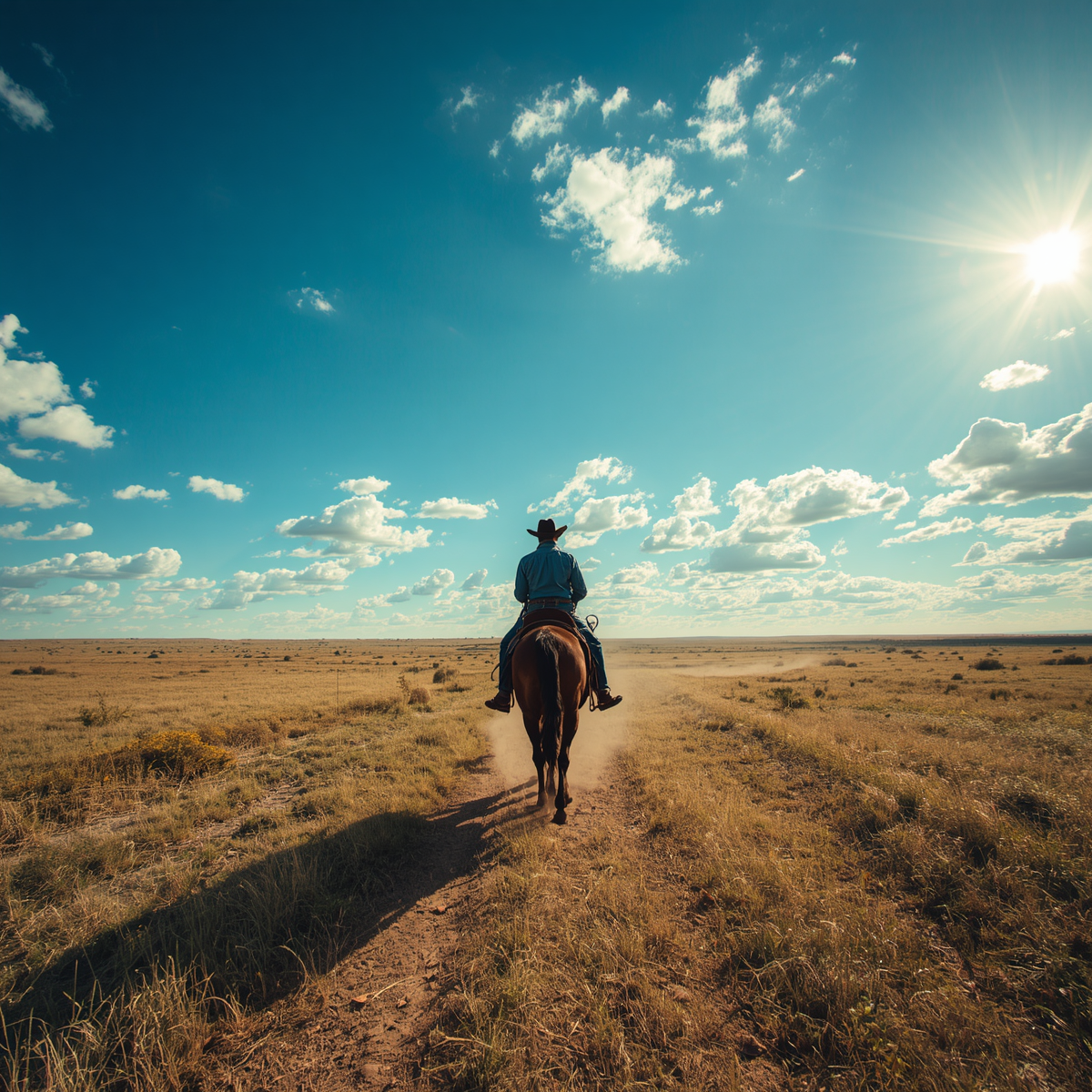 A person wearing a cowboy hat riding a horse across a vast open plain under a partly cloudy sky with the sun shining brightly.