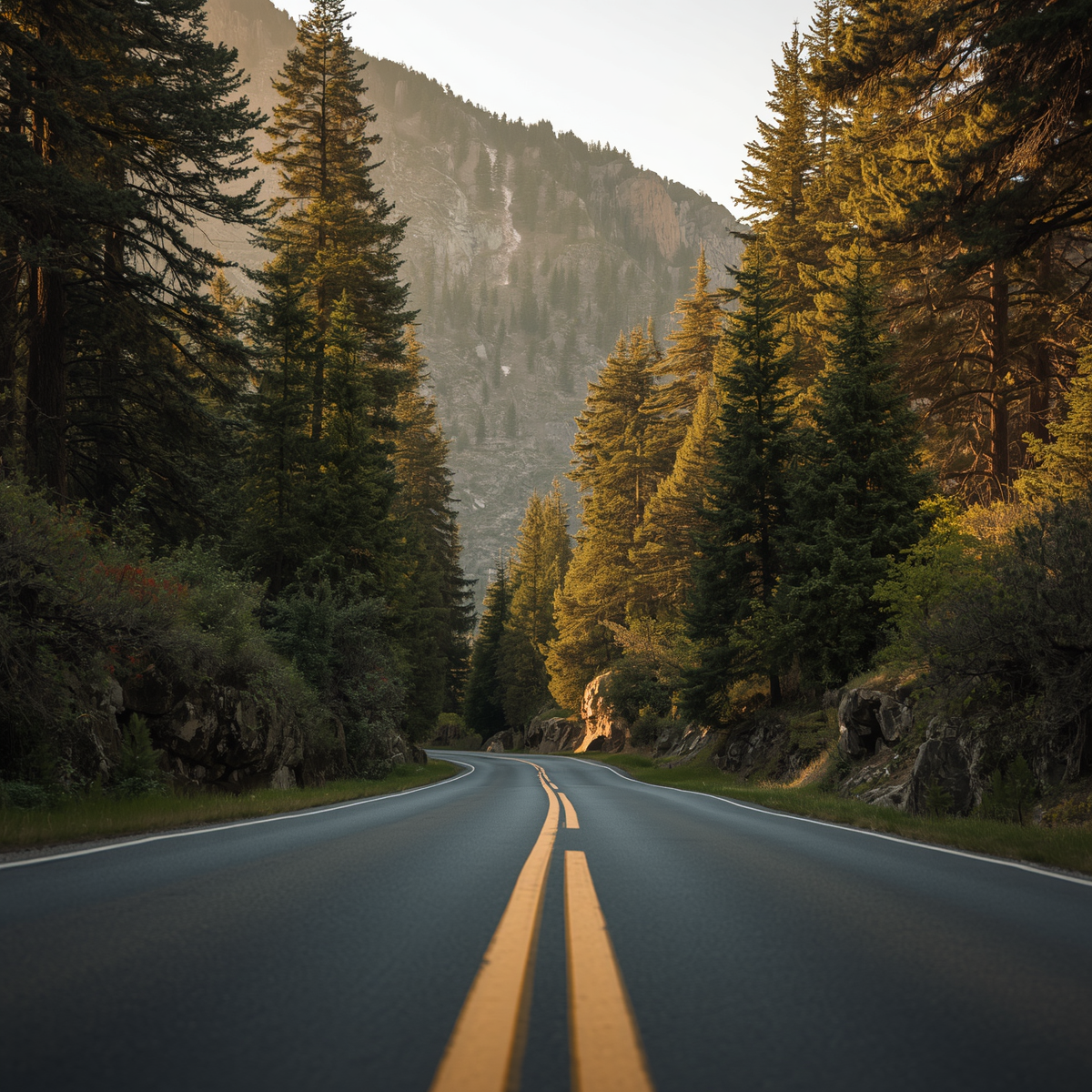 A winding mountain road surrounded by pine trees and rocky cliffs, with a mountain in the background during sunset.