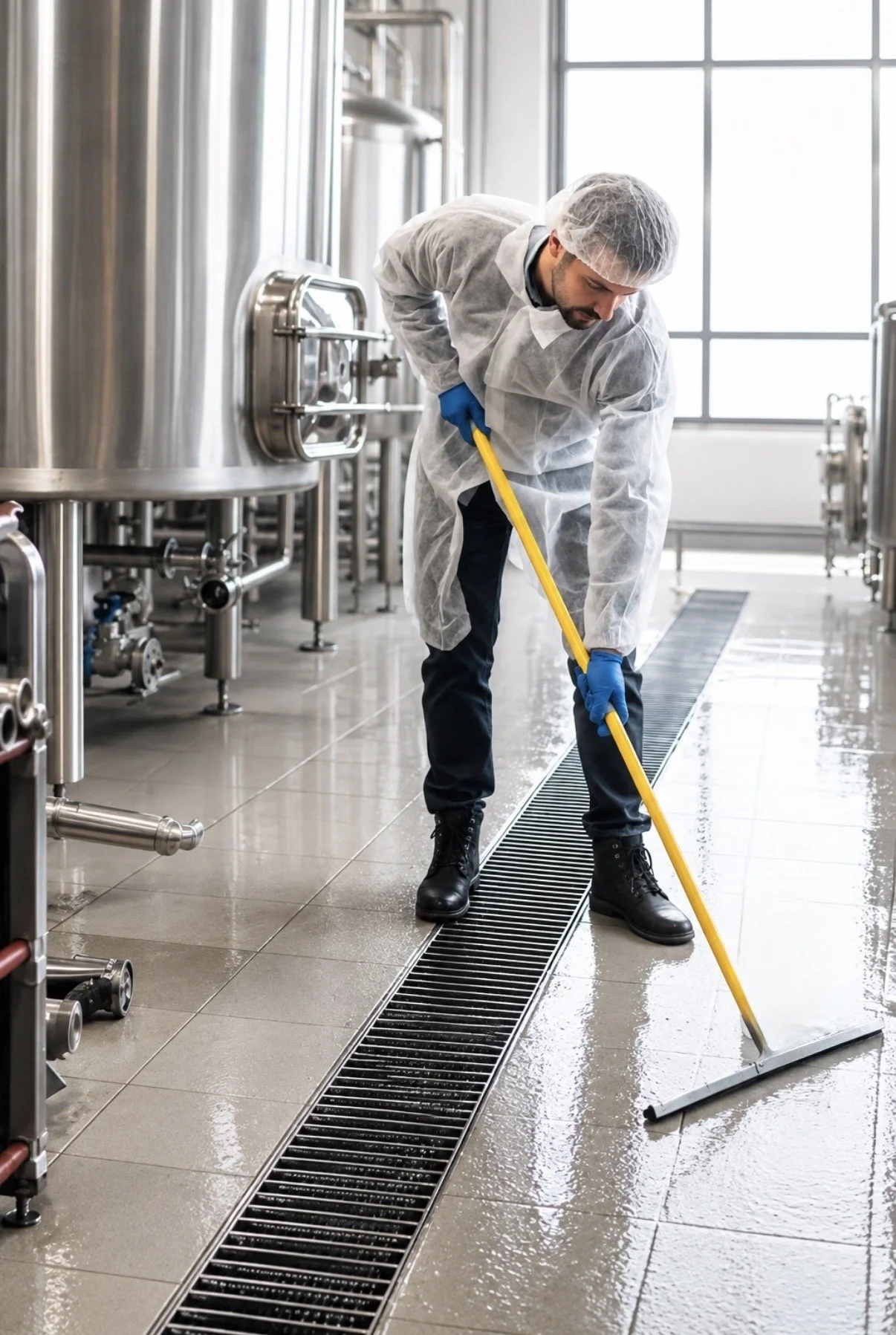 Technicien en assainissement industriel d'Ayoye C'est Clean nettoyant le plancher d'une usine de transformation alimentaire à Montréal