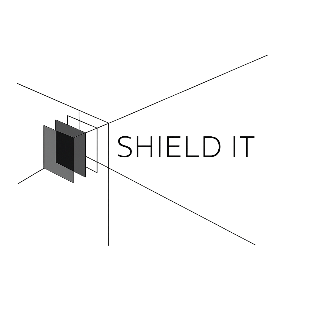 A graphic design with a 3D illustration of a shield and the text 'SHIELD IT' next to it, all in black and gray tones.