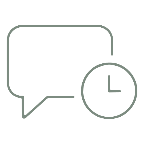 A speech bubble icon with a clock overlapping it.