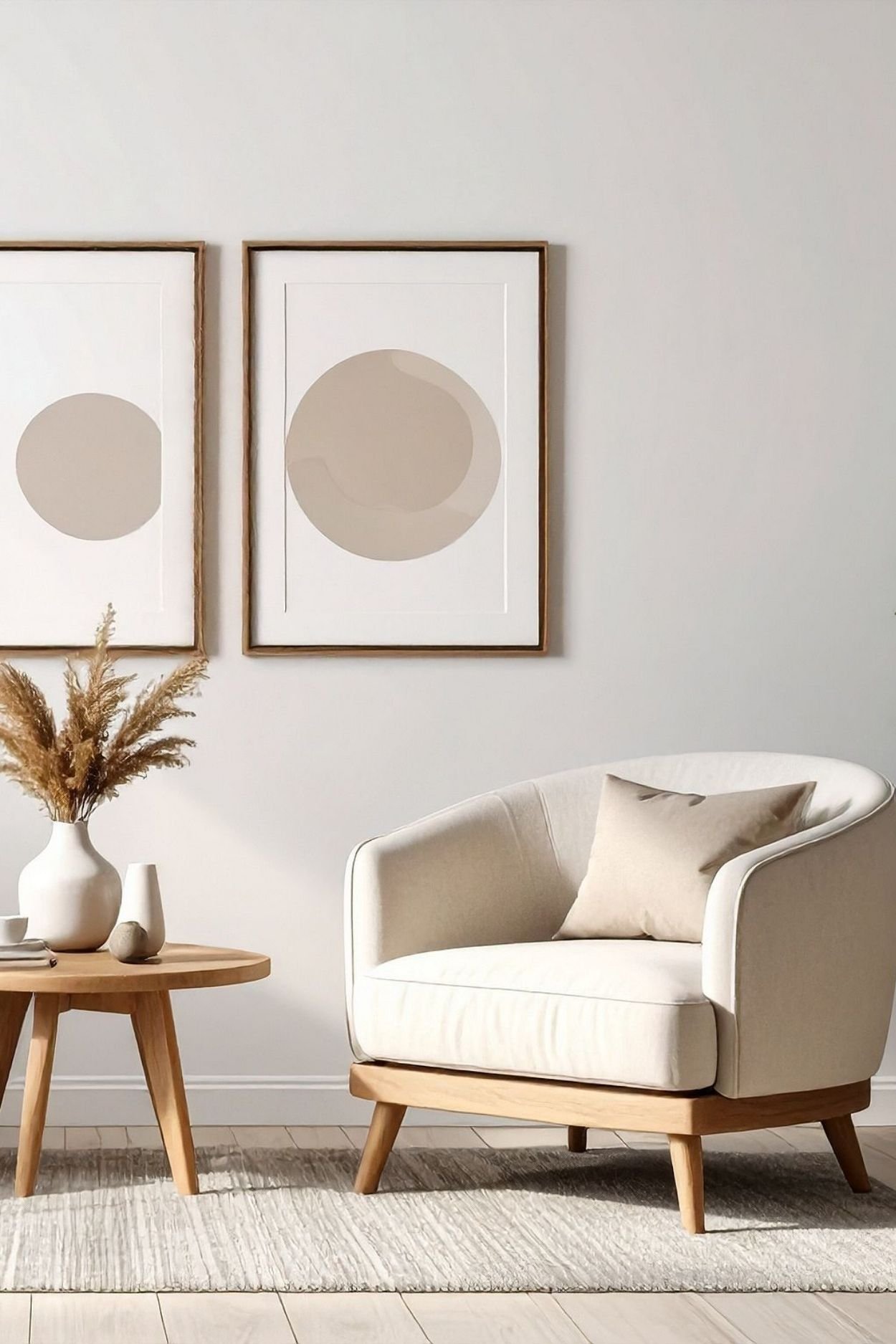 Living room with beige armchair with cushion, wooden side table with decorative vases and dried flowers.