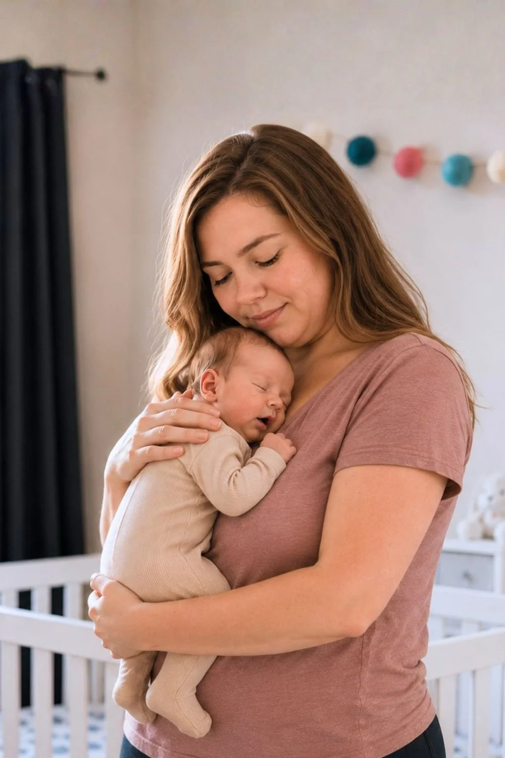 A woman holding a sleeping baby close to her chest inside a nursery.
