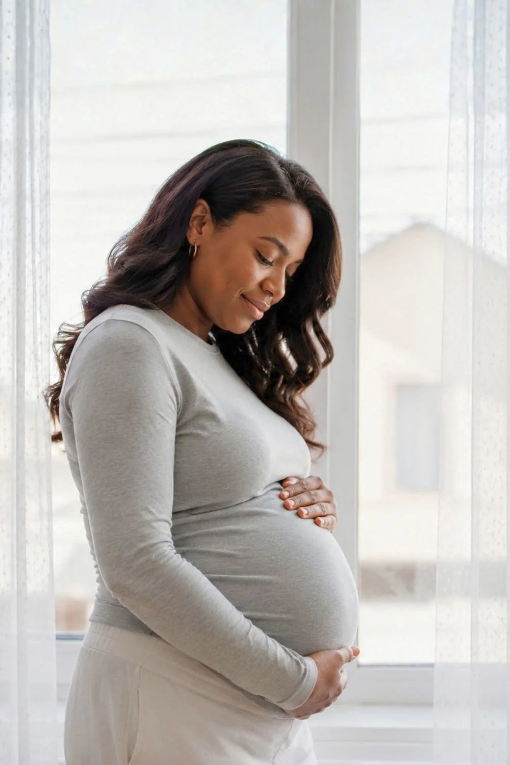 Pregnant woman standing by window, gently touching her belly, smiling softly.