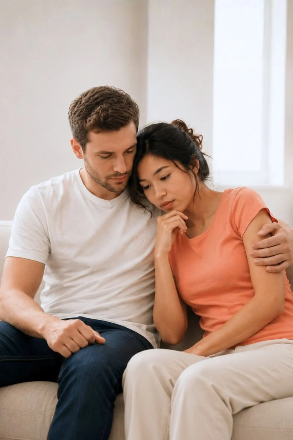 A man and woman sitting close together on a couch, offering comfort to each other during a moment of sadness.