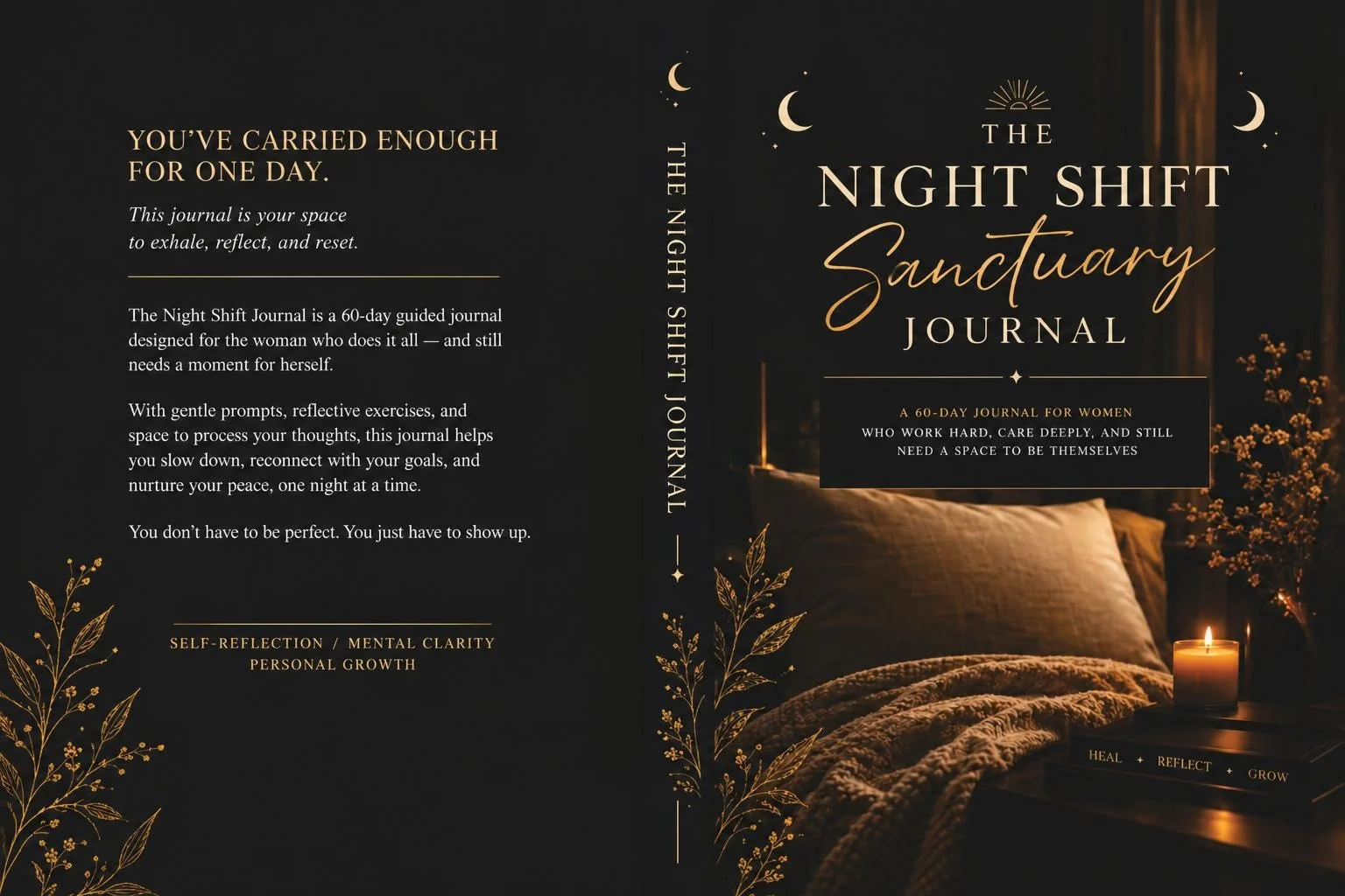 The Night Shift Sanctuary Journal cover and back cover, a 60-day guided journal for women, shown beside a cozy candlelit bed.