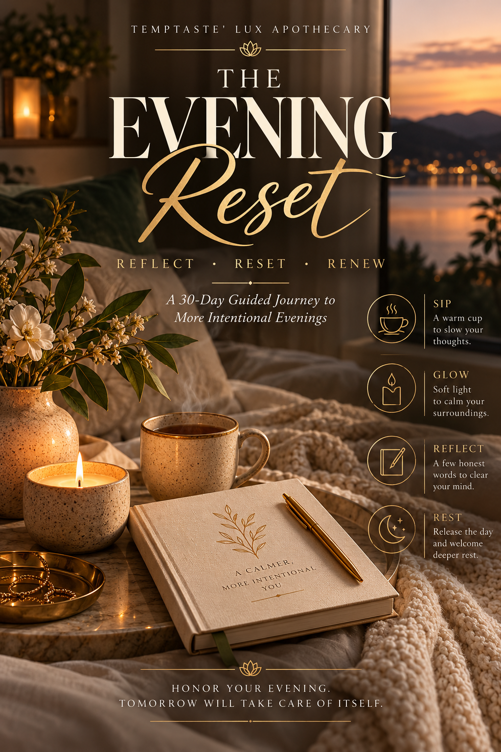 Luxury evening self-care poster featuring a candle, steaming tea mug, journal and pen beside flowers in a cozy bedroom overlooking a sunset mountain lake, with text promoting a 30-day guided journey.
