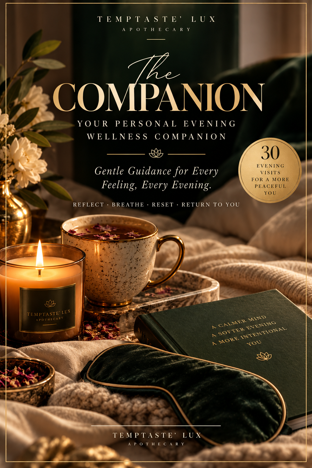 Temptaste’ Lux Apothecary promotional poster for The Companion evening wellness program, featuring a lit candle, herbal tea, sleep mask, journal, flowers, and cozy bedding.