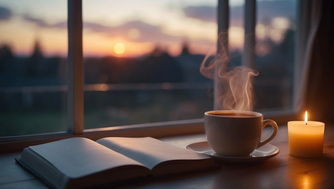 Steaming cup of coffee, lit candle, and open book on a table by a window at sunset